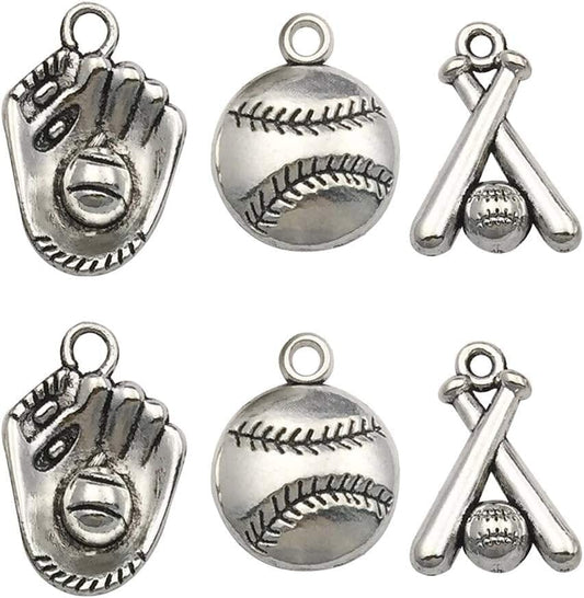 60PCS Baseball Charms Collection - Mixed Antique Silver Bat Glove Ballgame Sports Ball Softball Metal Alloy Pendants for Jewelry Making DIY Findings(Cfm130)