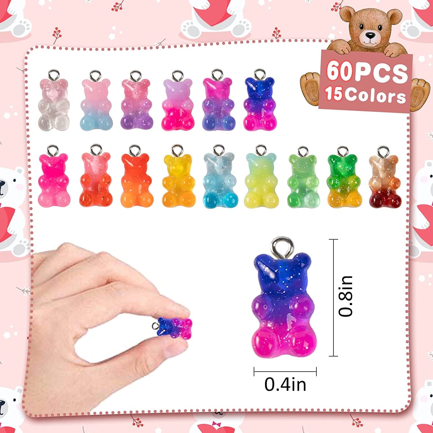 60Pcs Gradient 3D Gummy DIY Bear Charms- Resin Bear Shaped Clay Pendants in 15 Colors Earring Bracelet Nacklace DIY Jewelry Making Pendants Nail Art Accessory for Children Adults DIY Handmade Crafting