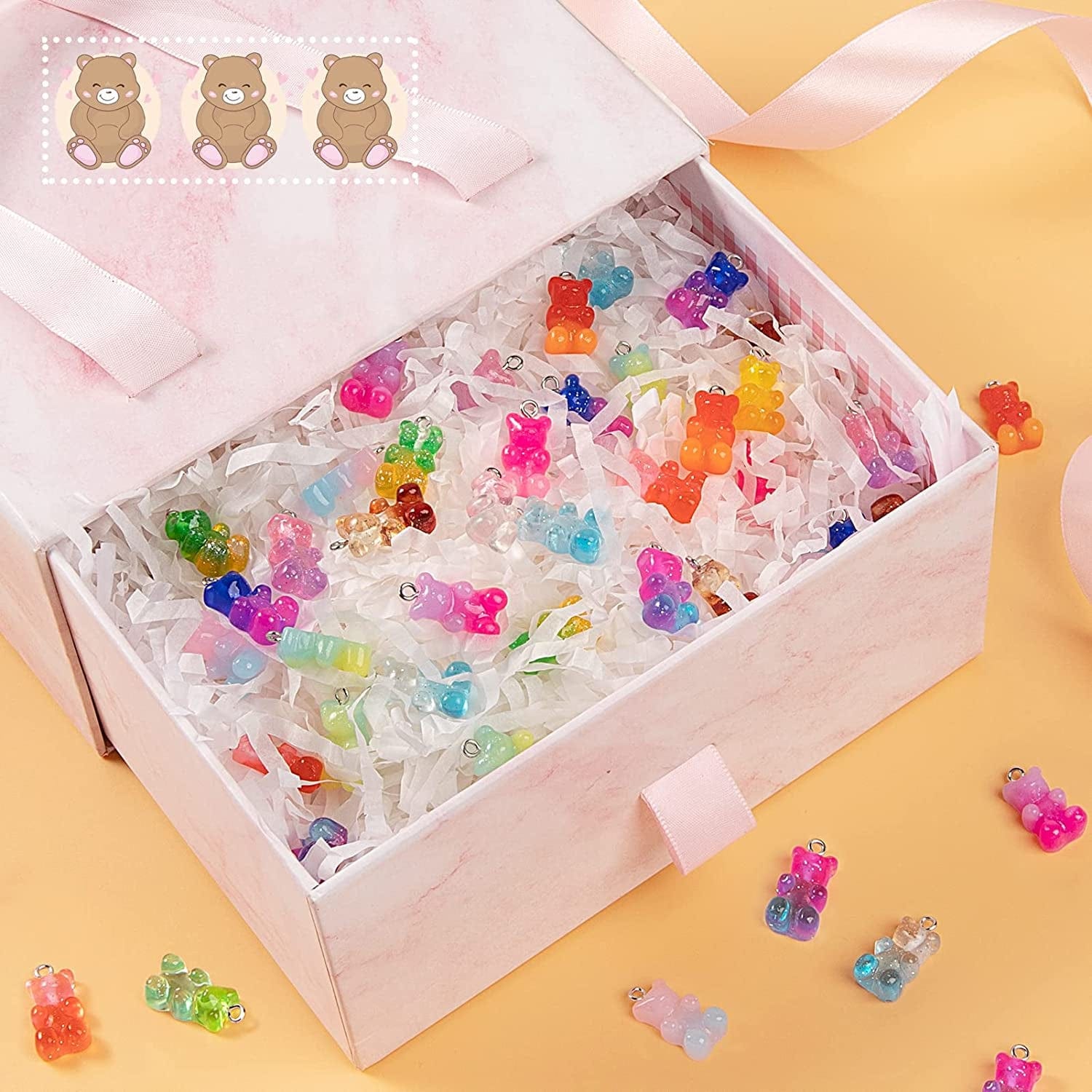 60Pcs Gradient 3D Gummy DIY Bear Charms- Resin Bear Shaped Clay Pendants in 15 Colors Earring Bracelet Nacklace DIY Jewelry Making Pendants Nail Art Accessory for Children Adults DIY Handmade Crafting