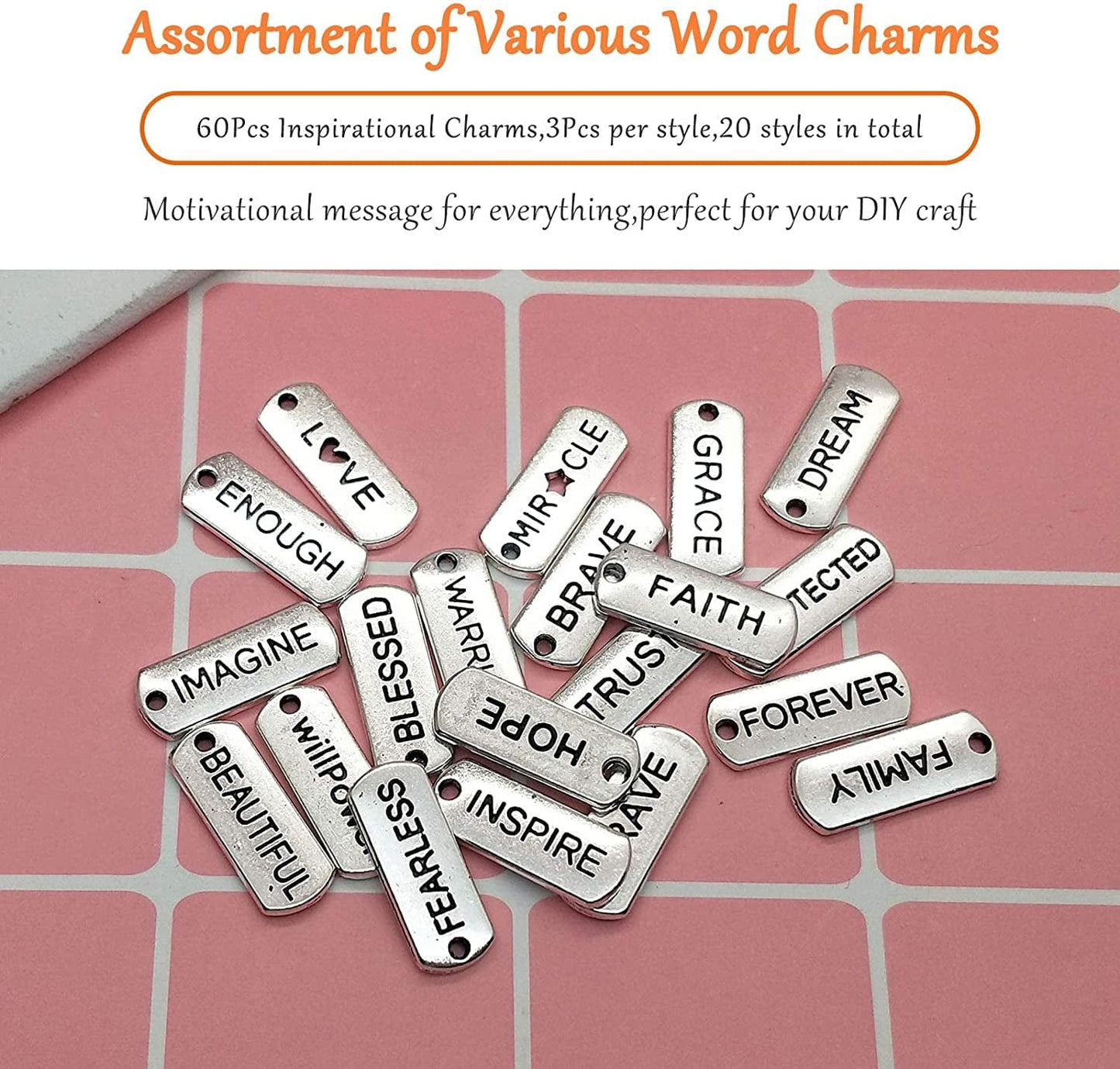 60Pcs Inspirational Charms Pendants for Jewelry Making,Mixed Motivational Words Pendants Beads Charms DIY Craft Supplies Bracelet Charms Bulk for Jewelry Necklaces Bracelet Making Keychains
