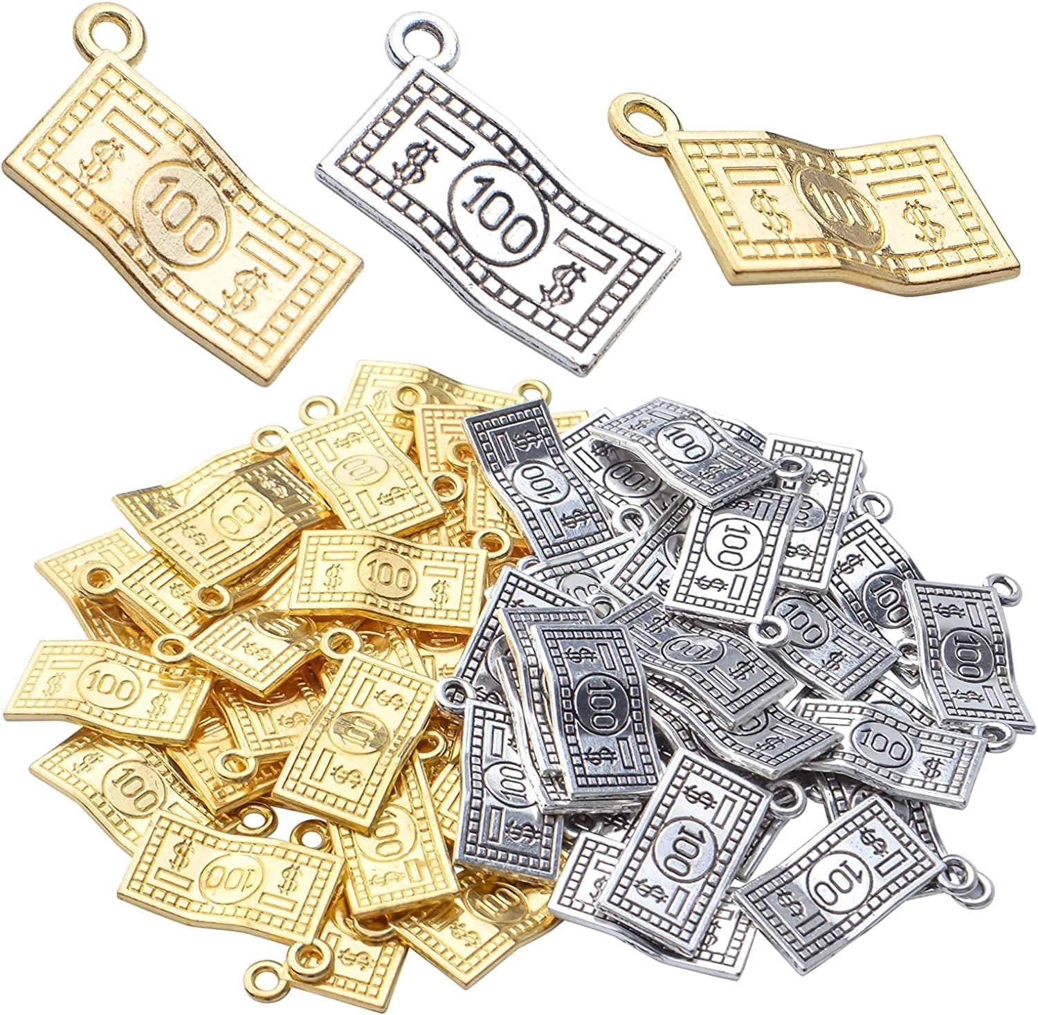 60Pcs Money Charms Pendant Alloy 100 Dollars Bill Charms Jewelry Charms for DIY Bracelets Necklace Jewelry Making Craft Supplies Gold & Silver