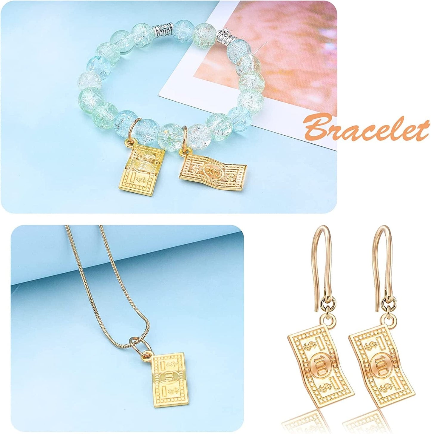 60Pcs Money Charms Pendant Alloy 100 Dollars Bill Charms Jewelry Charms for DIY Bracelets Necklace Jewelry Making Craft Supplies