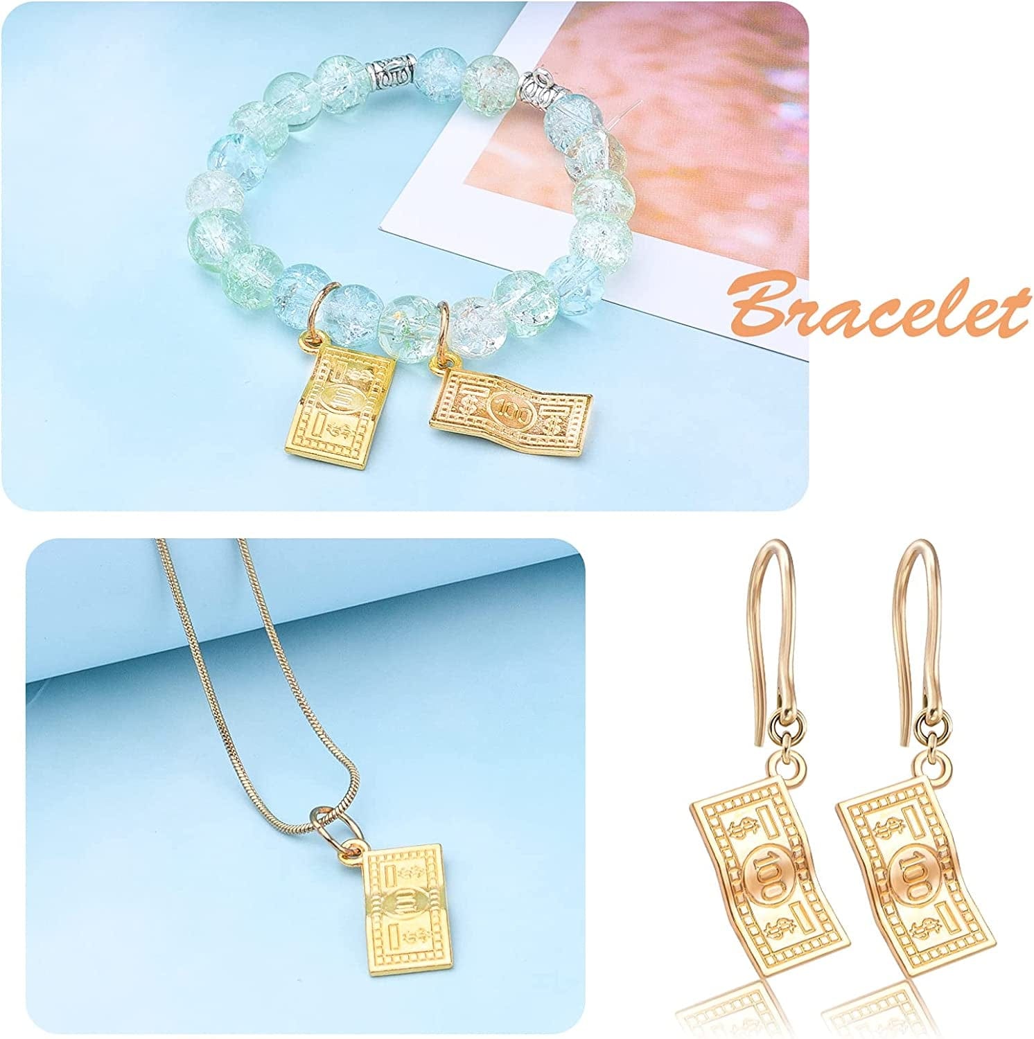 60Pcs Money Charms Pendant Alloy 100 Dollars Bill Charms Jewelry Charms for DIY Bracelets Necklace Jewelry Making Craft Supplies