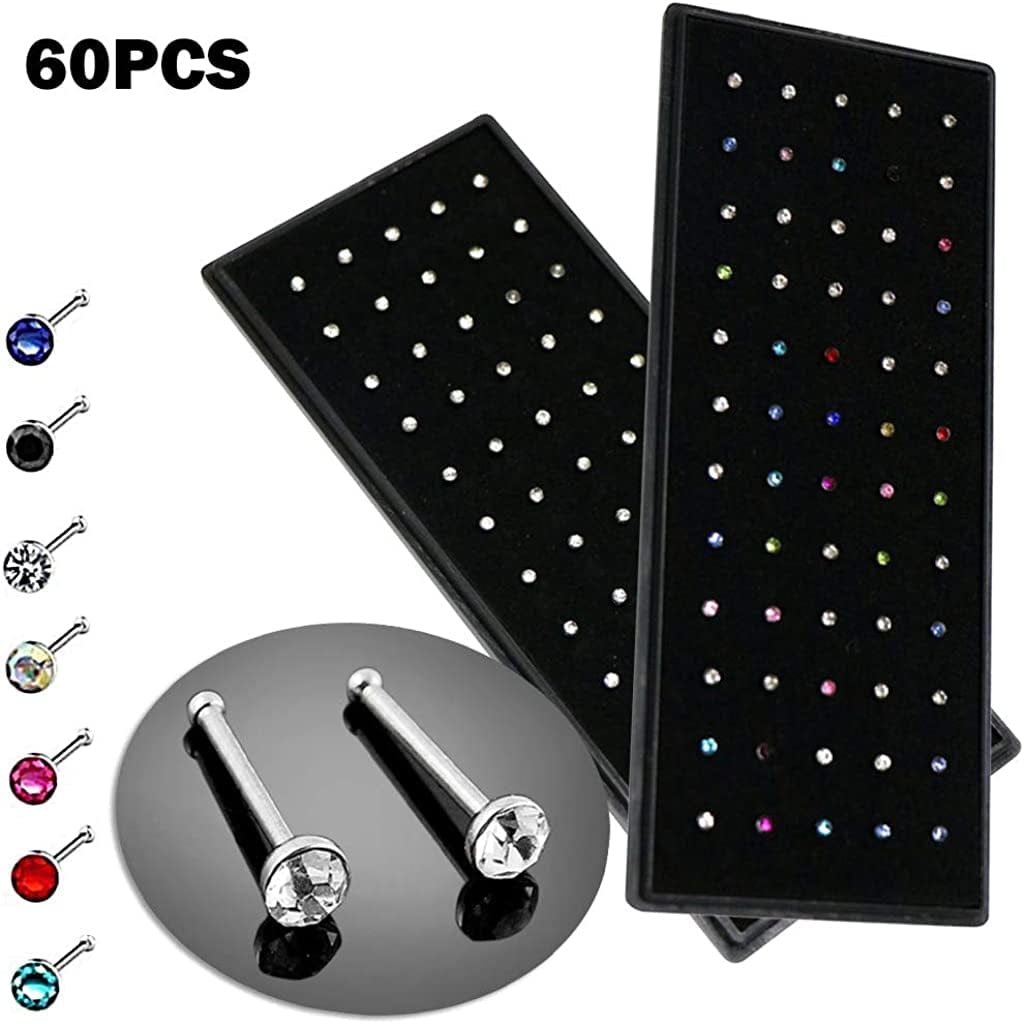 60Pcs Stainless Steel Crystal Nose Ring Set Women Steel Nose Piercing Set Ear Bone Needle Studs Body Jewelry Durable and Practical Apparel & Accessories > Jewelry > Body Jewelry Generic