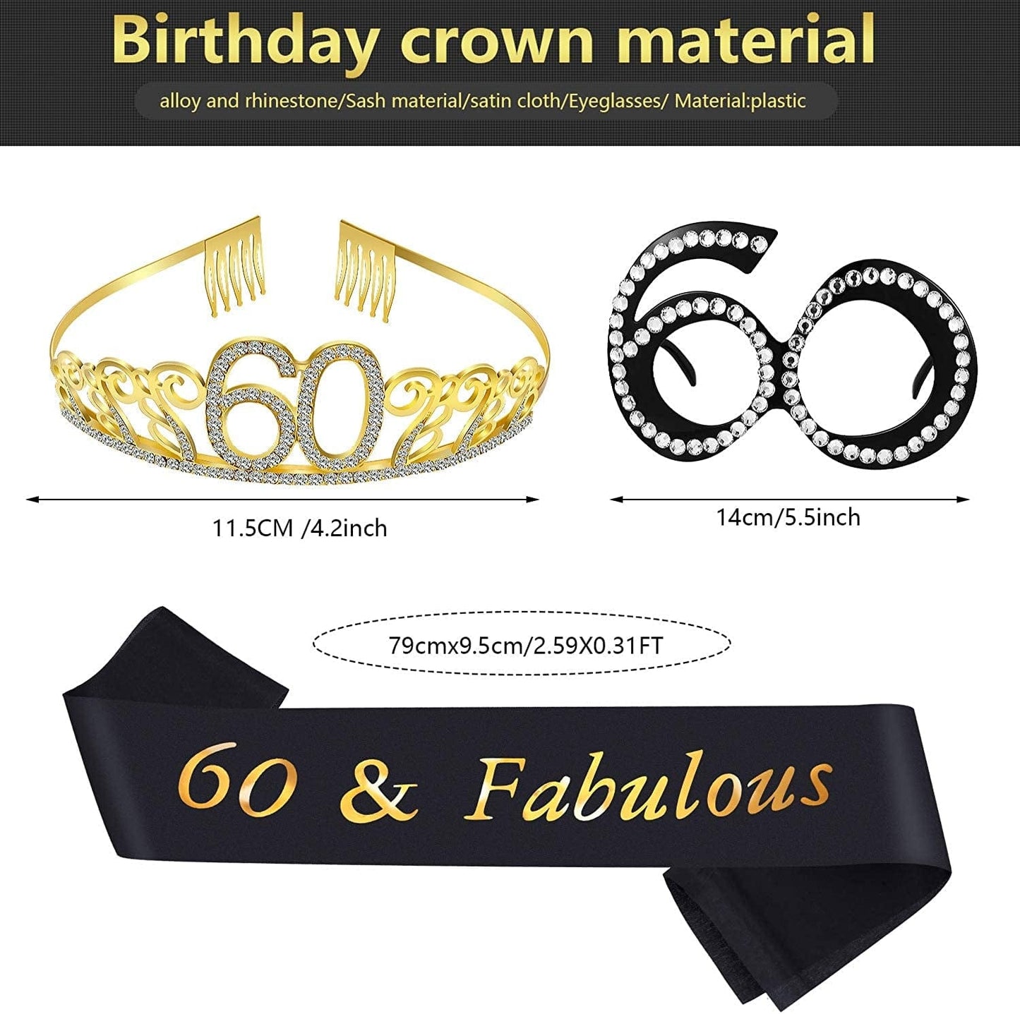 60Th Birthday Crown, Satin Sash and Crystal Frame Eyeglasses Set for 60Th Birthday Party Decorations Supplies Apparel & Accessories > Clothing Accessories > Sashes Snow Abonci