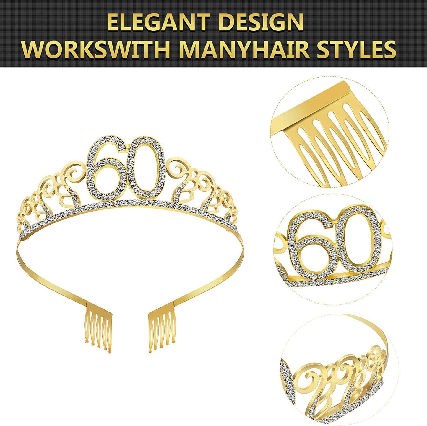 60Th Birthday Crown, Satin Sash and Crystal Frame Eyeglasses Set for 60Th Birthday Party Decorations Supplies Apparel & Accessories > Clothing Accessories > Sashes Snow Abonci