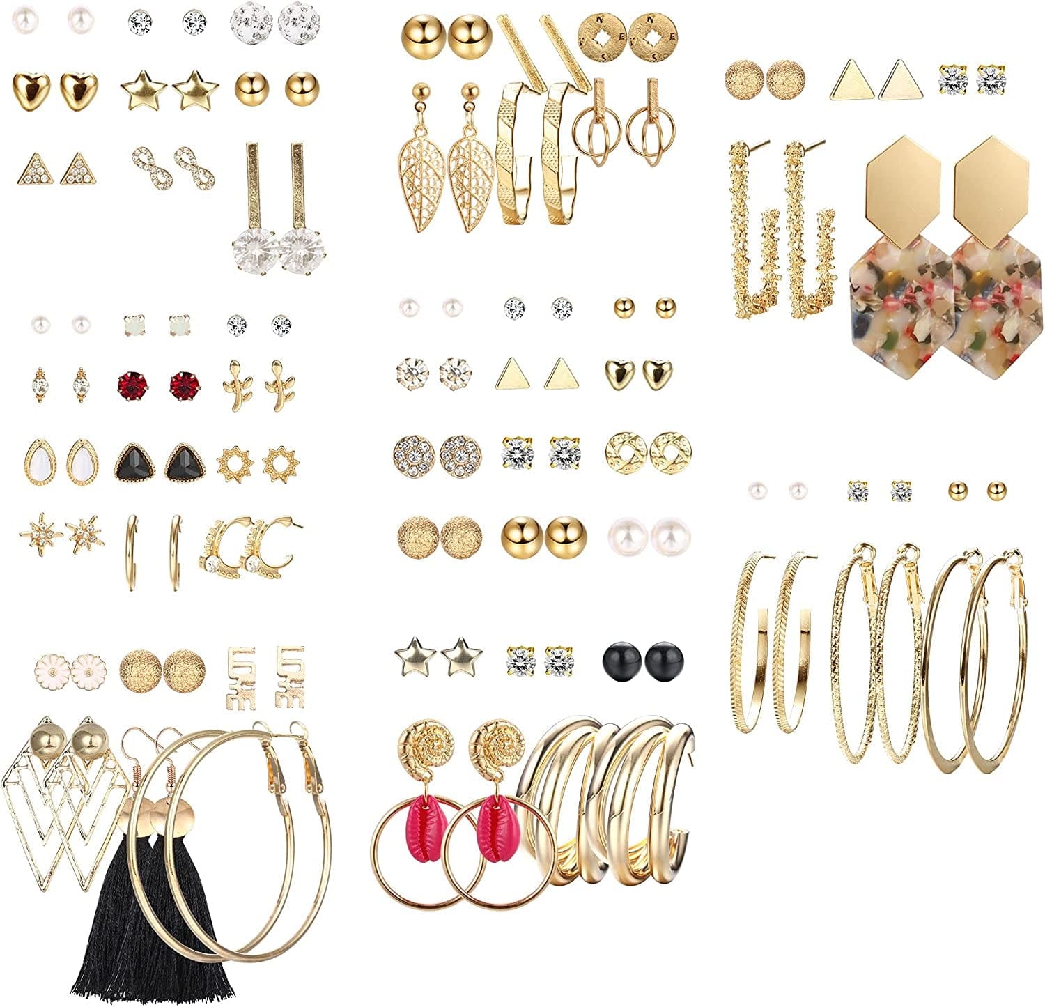 61-63 Pairs Assorted Multiple Stud Earrings for Women Simple Cute Flower Big Hoop Earrings Moon Geometric Leaf Arrow Bow CZ Ball Heart Faux Pearl Earrings Set 61 pairs a set