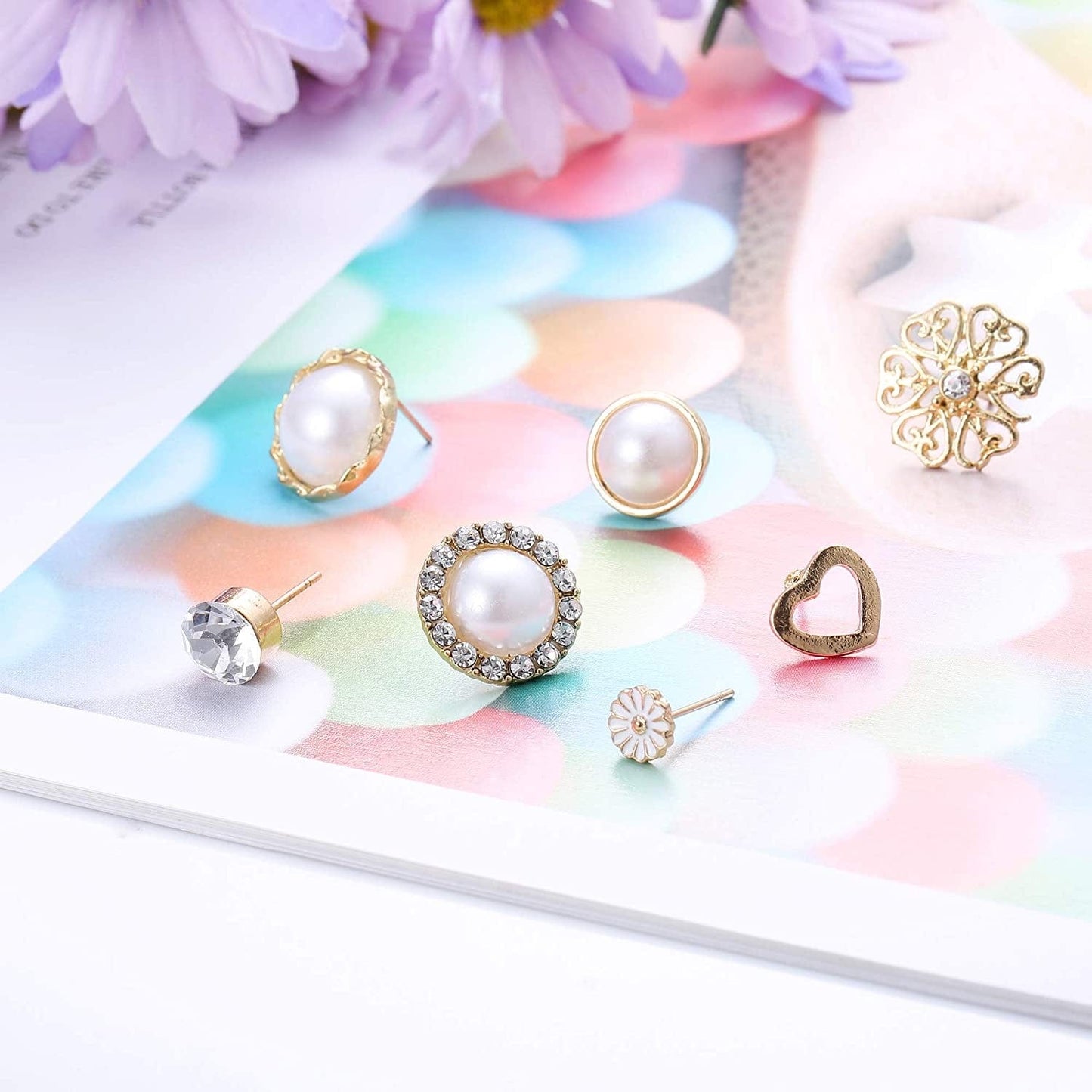 61-63 Pairs Assorted Multiple Stud Earrings for Women Simple Cute Flower Big Hoop Earrings Moon Geometric Leaf Arrow Bow CZ Ball Heart Faux Pearl Earrings Set