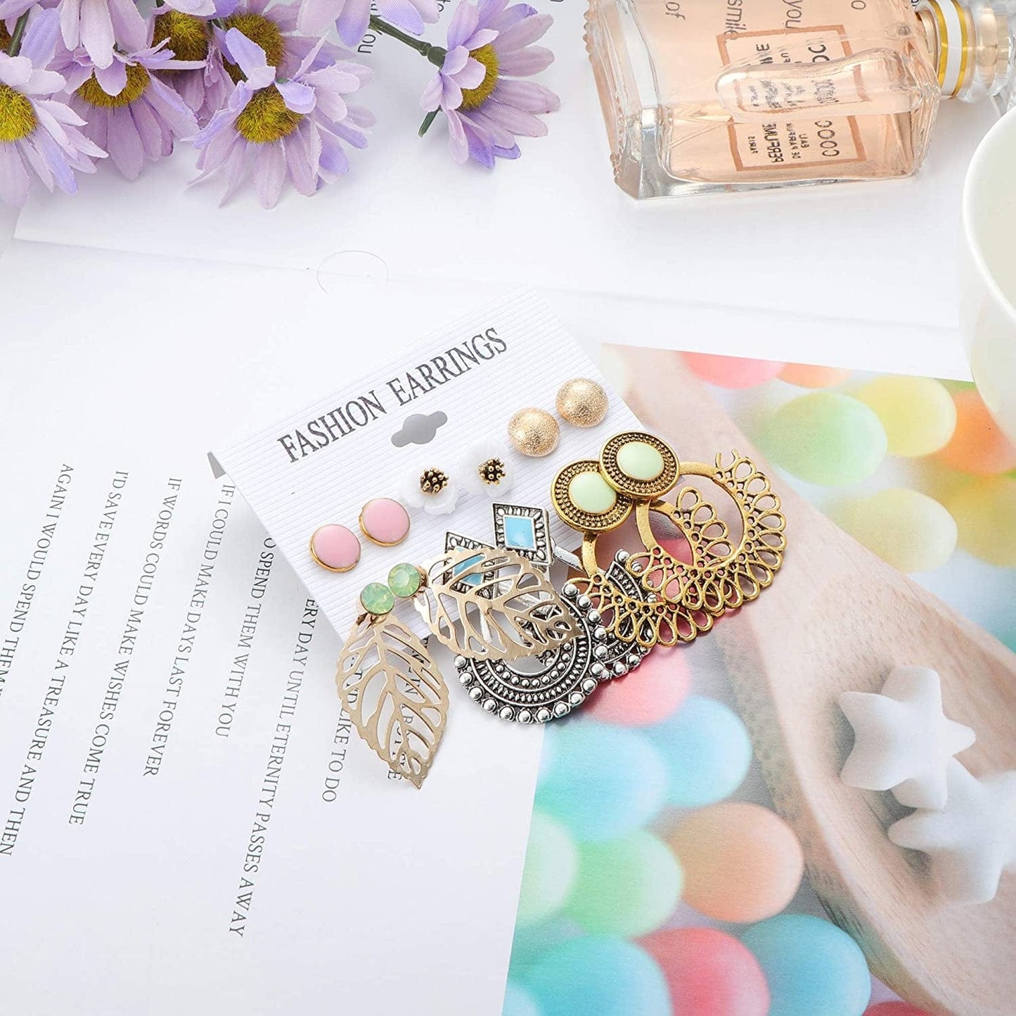 61-63 Pairs Assorted Multiple Stud Earrings for Women Simple Cute Flower Big Hoop Earrings Moon Geometric Leaf Arrow Bow CZ Ball Heart Faux Pearl Earrings Set