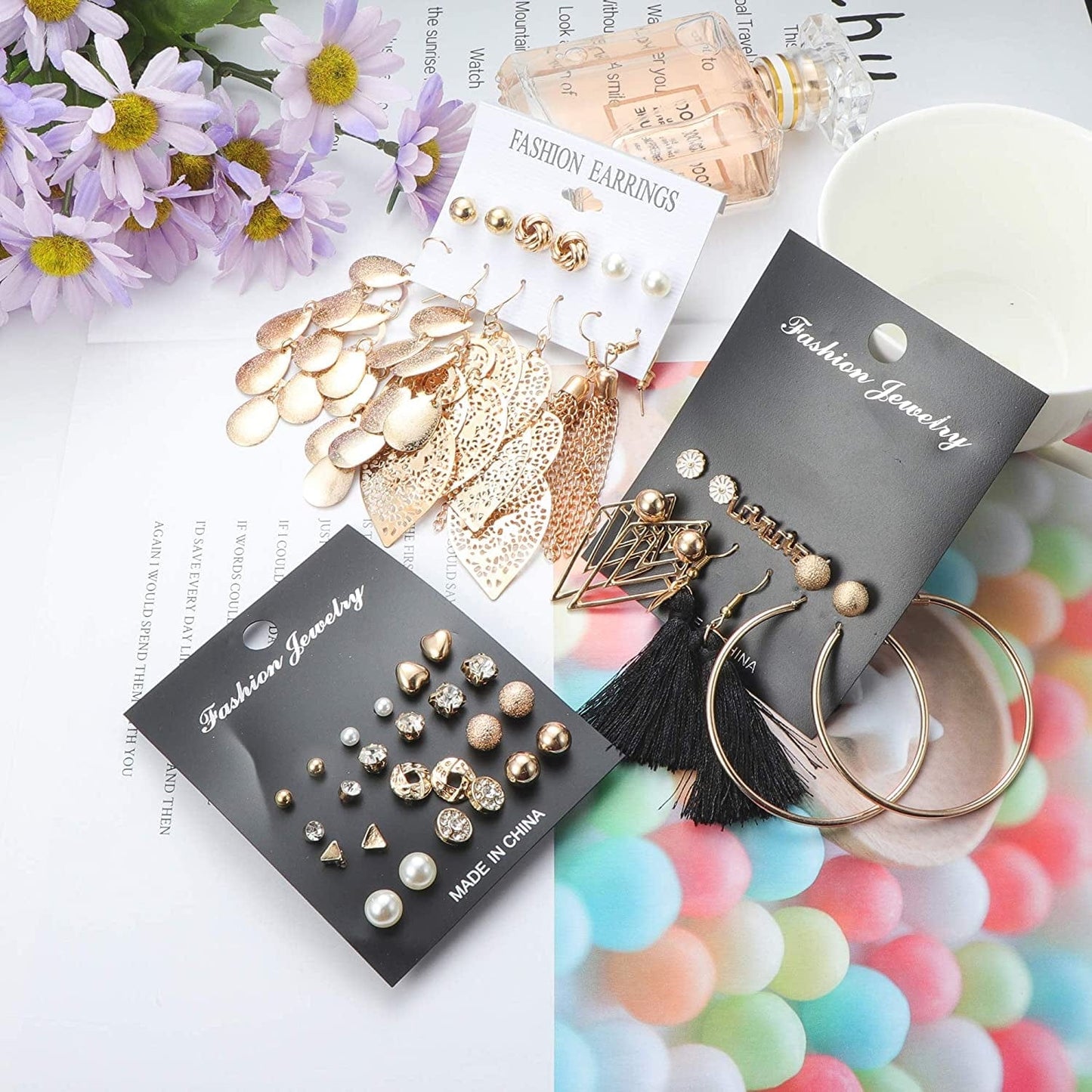61-63 Pairs Assorted Multiple Stud Earrings for Women Simple Cute Flower Big Hoop Earrings Moon Geometric Leaf Arrow Bow CZ Ball Heart Faux Pearl Earrings Set