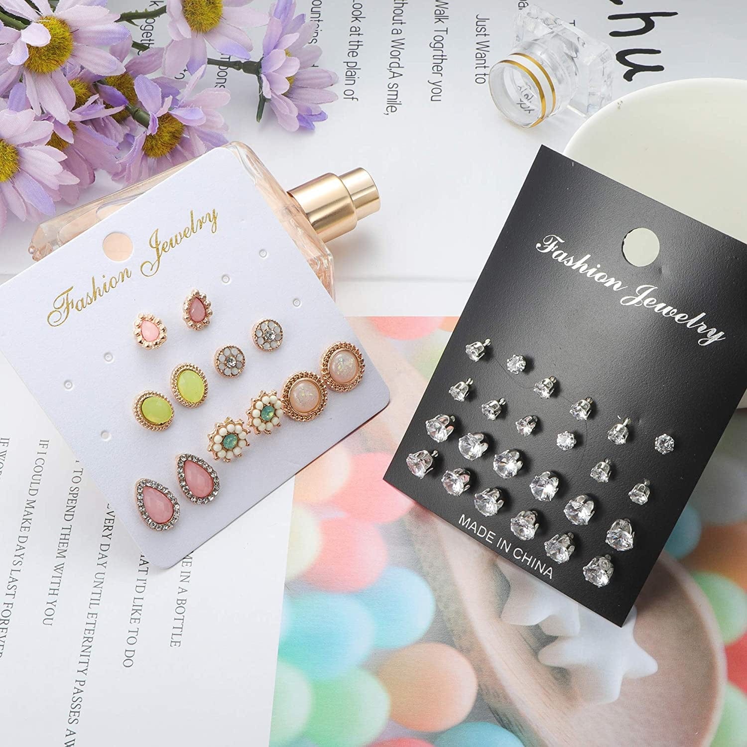 61-63 Pairs Assorted Multiple Stud Earrings for Women Simple Cute Flower Big Hoop Earrings Moon Geometric Leaf Arrow Bow CZ Ball Heart Faux Pearl Earrings Set