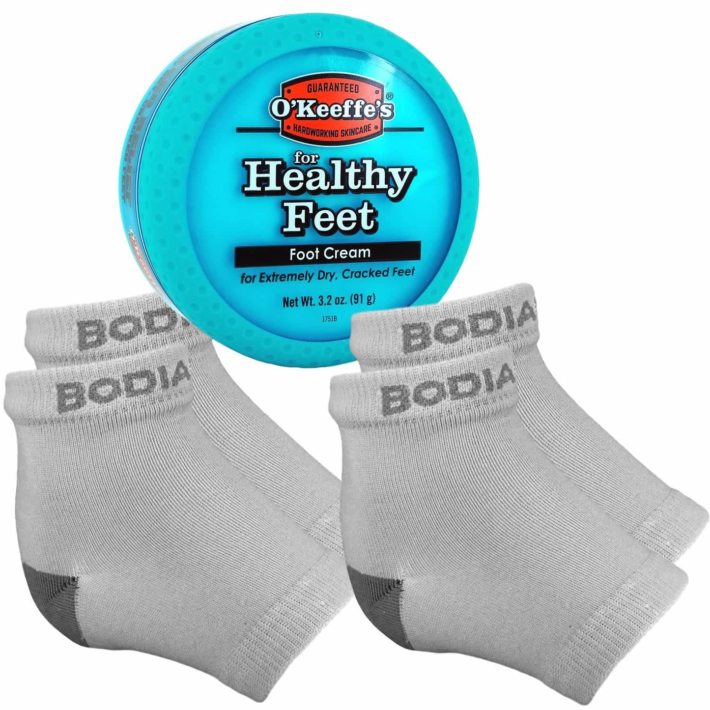 Dry Cracked Heels Repair Bundle with Open Toe Moisturizing Silicone Gel Heel Socks (2 Pairs, Gray) and O’Keeffe’S Healthy Feet Cream Jar for Home Foot Skin Care Health & Beauty > Personal Care > Foot Care Bodiance