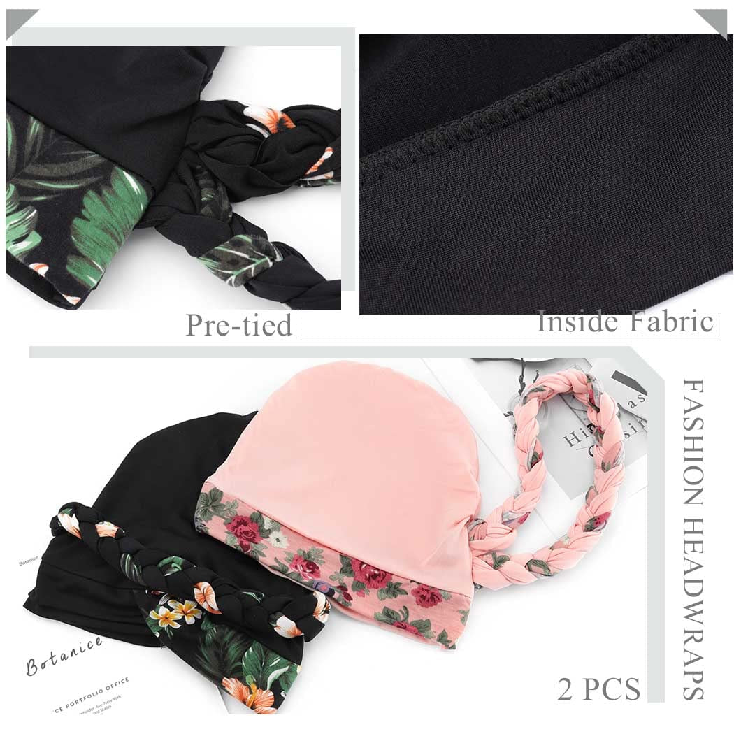 Woeoe African Turban Head Wraps Pink Pattern Braid Head Scarf Flower Print Pre-Tied Head Cover Cap Headwear for Women and Girls(Pack of 2) Apparel & Accessories > Clothing Accessories > Headwear Woeoe