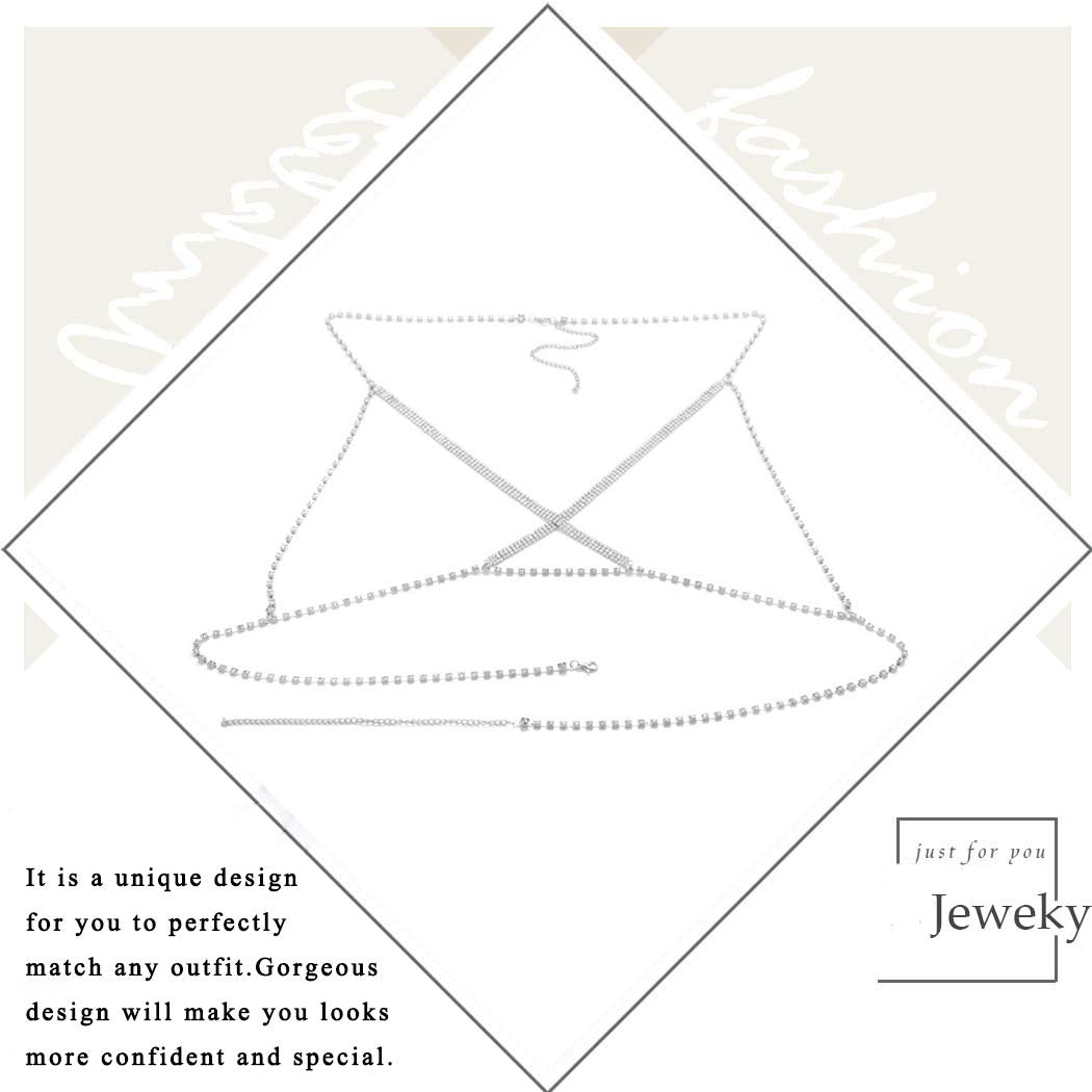 Jeweky Boho Crystal Body Chain Silver Rhinestone Harness Bra Jewelry Beach Bikini Body Jewelry for Women and Girls Apparel & Accessories > Jewelry > Body Jewelry Artist Unknown