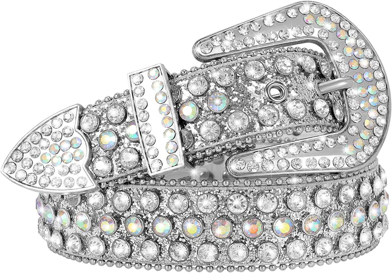 Men Women Fashion Rhinestone Belt SUOSDEY Western Cowgirl Bling Studded Design Leather Diamond Belt for Jeans Dress Apparel & Accessories > Clothing Accessories > Belts SUOSDEY 02-silver(silver Buckle) L:fits waist size 38''-42''