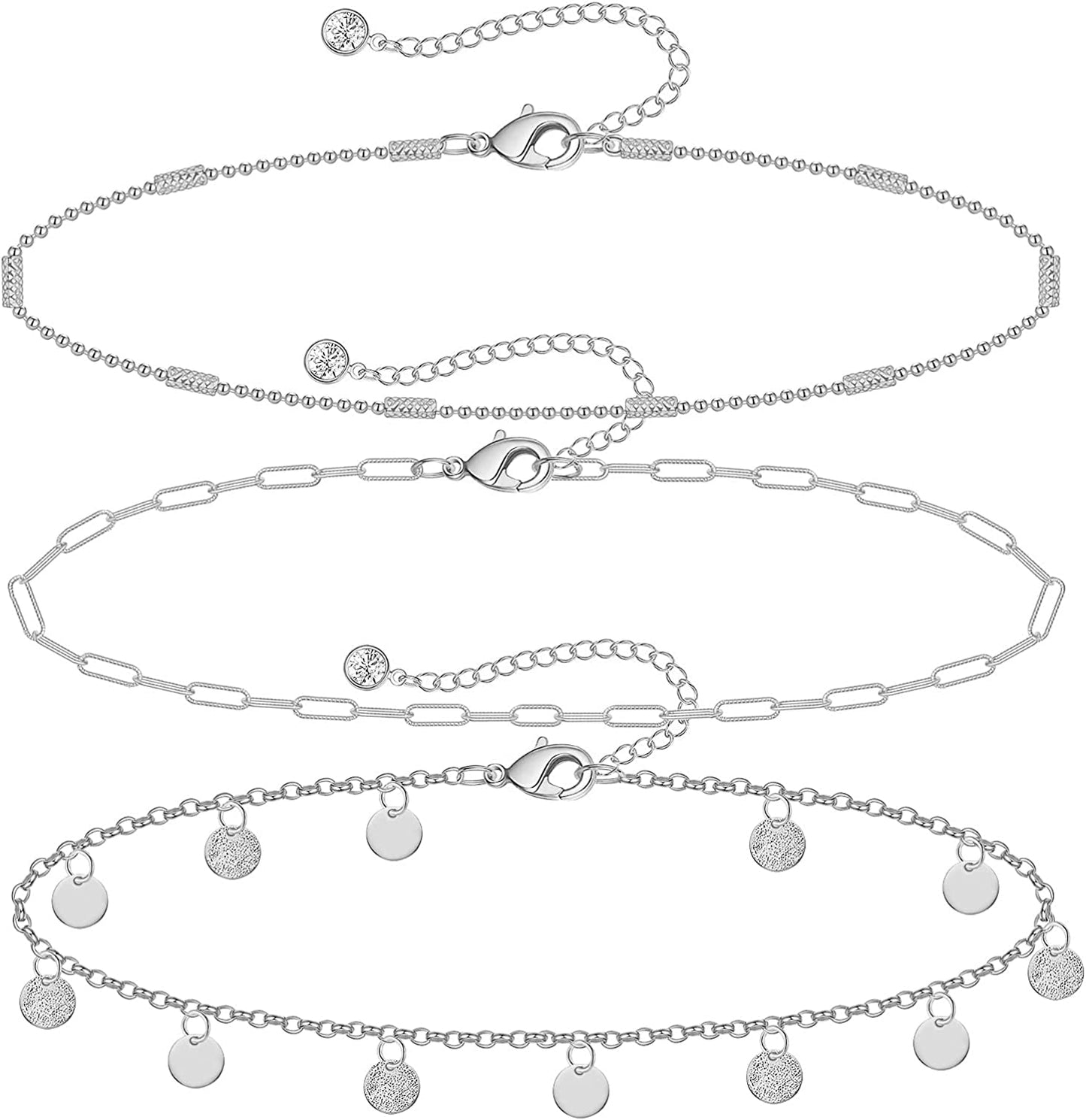 Gold Ankle Bracelets for Women 14K Gold Plated Anklet Silver Tennis Rose Quartz Cross Bead Herringbone Snake Paperclip Chain Cubic Zirconia Dainty Layered Anklet Set 3Pcs Apparel & Accessories > Jewelry > Anklets WeSparking Q-White Gold-Coin Chain