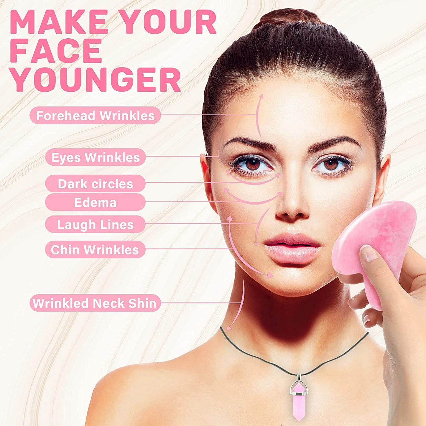 EYEKESHE Gua Sha Massage Tool with Quartz Pendent Necklace, Unique Gifts for Women, Natural Pink Jade Stone SPA Acupuncture Therapy Trigger Point Treatment, Rose Quartz Facial Scraping Tool Health & Beauty > Personal Care > Cosmetics > Cosmetic Tools > Skin Care Tools EYEKESHE