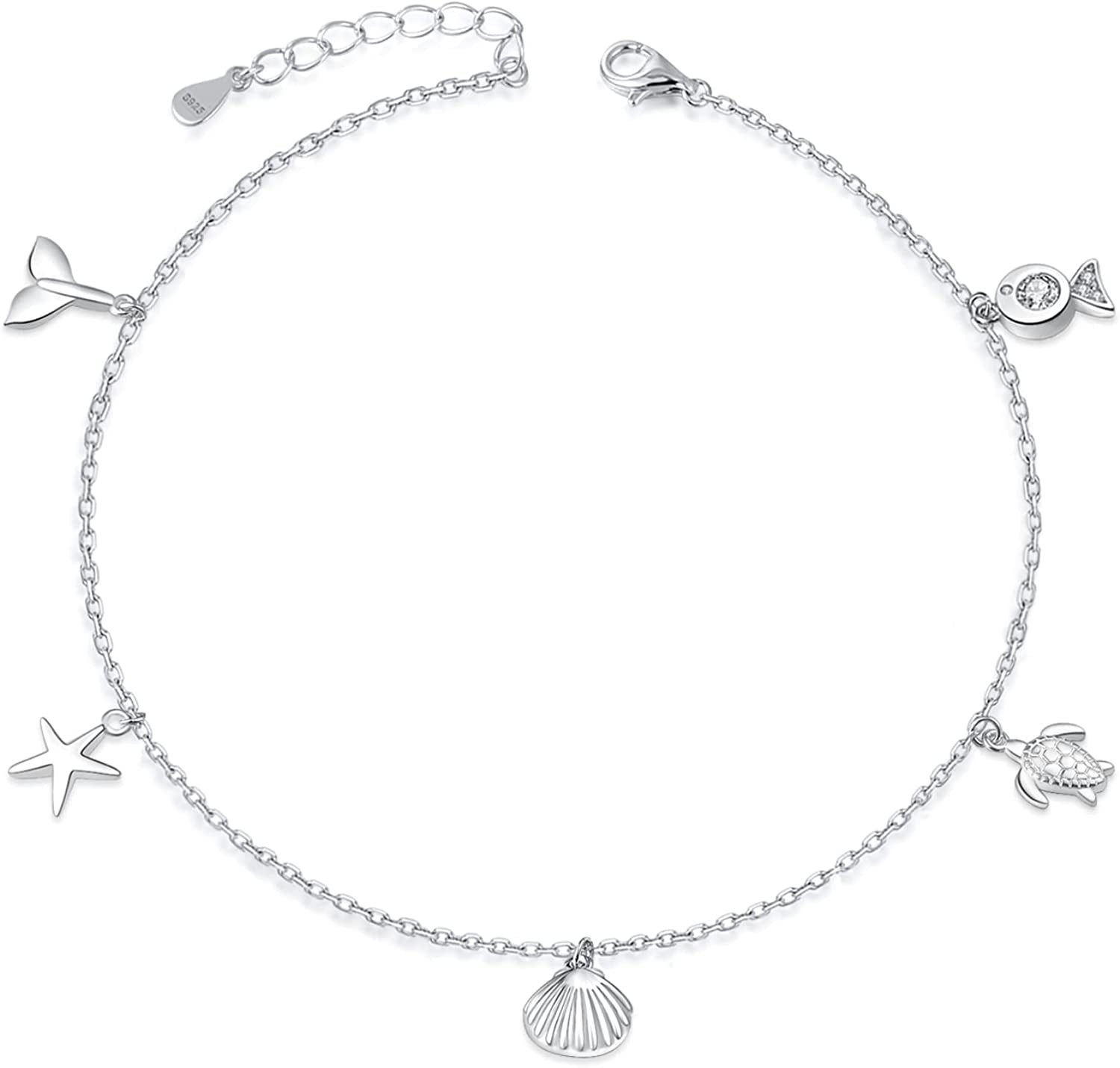 BEILIN 925 Sterling Silver Seabeach Anklets for Women Teen Girls Ocean Ankle Bracelets for Women Apparel & Accessories > Jewelry > Anklets BEILIN Whale tail crab 8.6+2