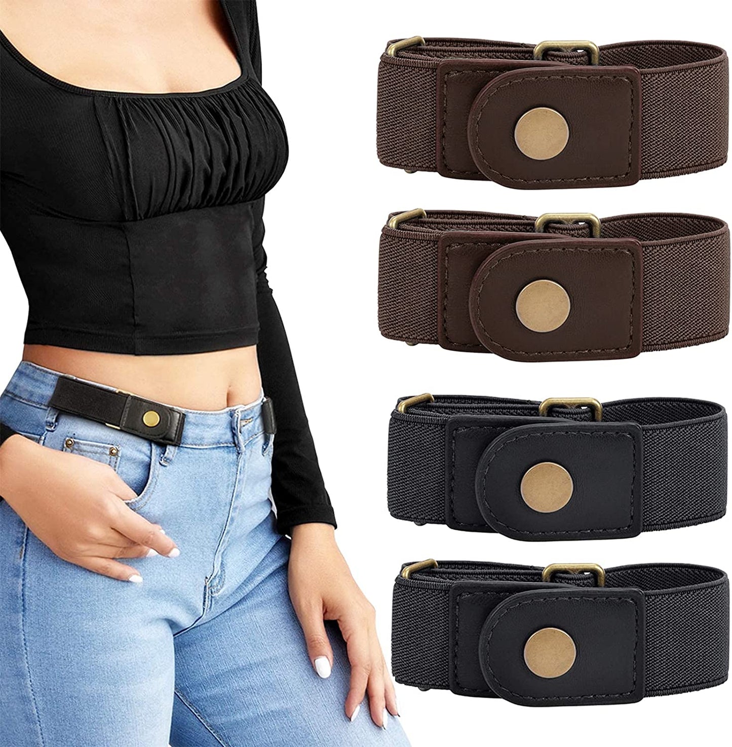 No Buckle Stretch Belt for Women/Men—2 Pack Elastic Invisible Belt for Jeans Apparel & Accessories > Clothing Accessories > Belts LEACOOLKEY J-2 Black+2 Coffee Fits 2 loop size 4"-6"