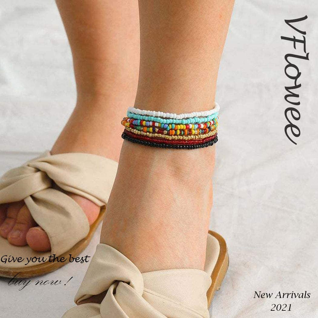 Women Boho Beads Anklets Colorful Stretch Rainbow Ankle Bracelets Beaded Bracelet Elastic Foot and Hand Chain Jewelry (7PCS) Apparel & Accessories > Jewelry > Anklets VFlowee