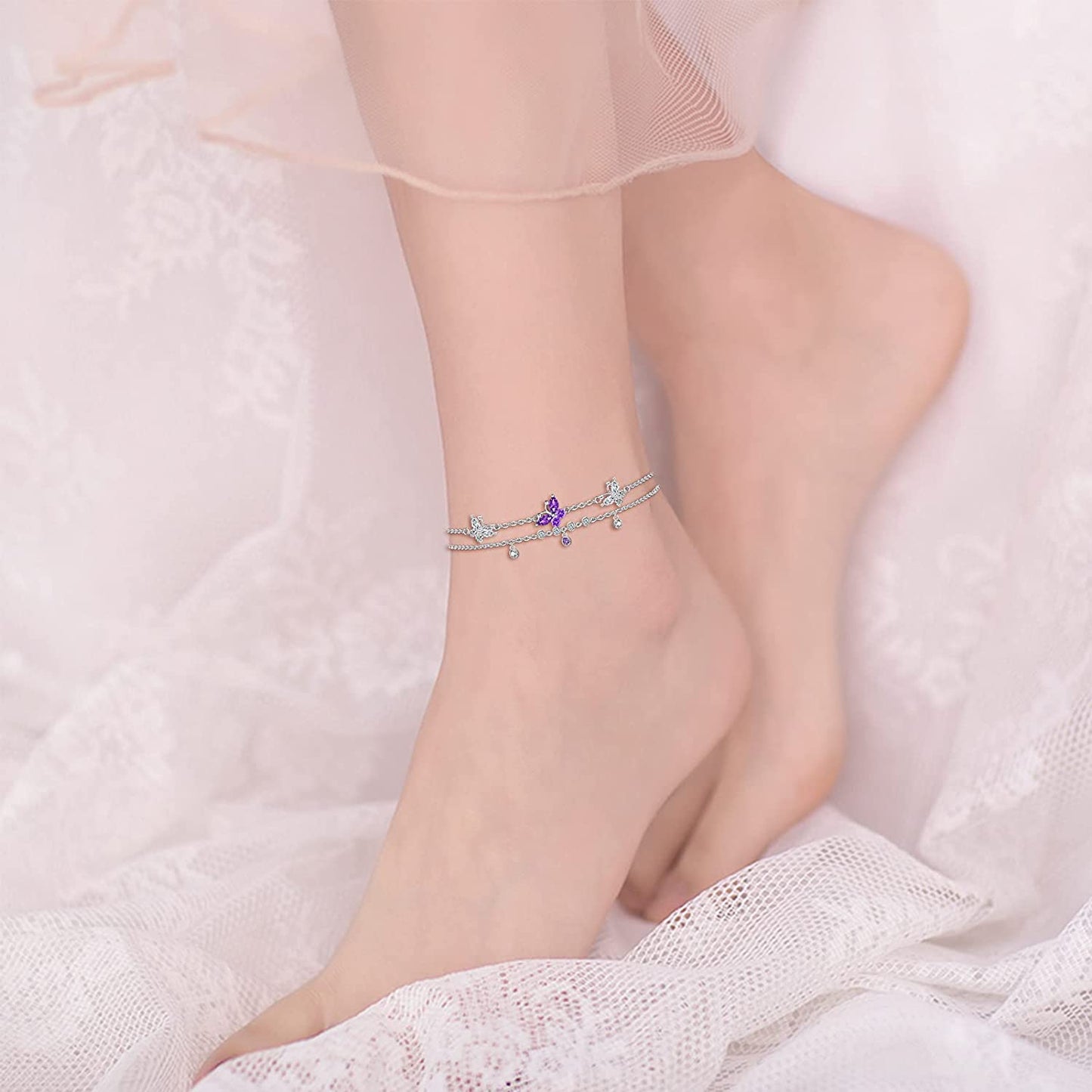 ATTRACTTO Butterfly Anklet Bracelets for Women 925 Sterling Silver Layered Anklets for Sea Beach Foot Ankle for Teen Girls Wife Girlfriend Mother Apparel & Accessories > Jewelry > Anklets ATTRACTTO