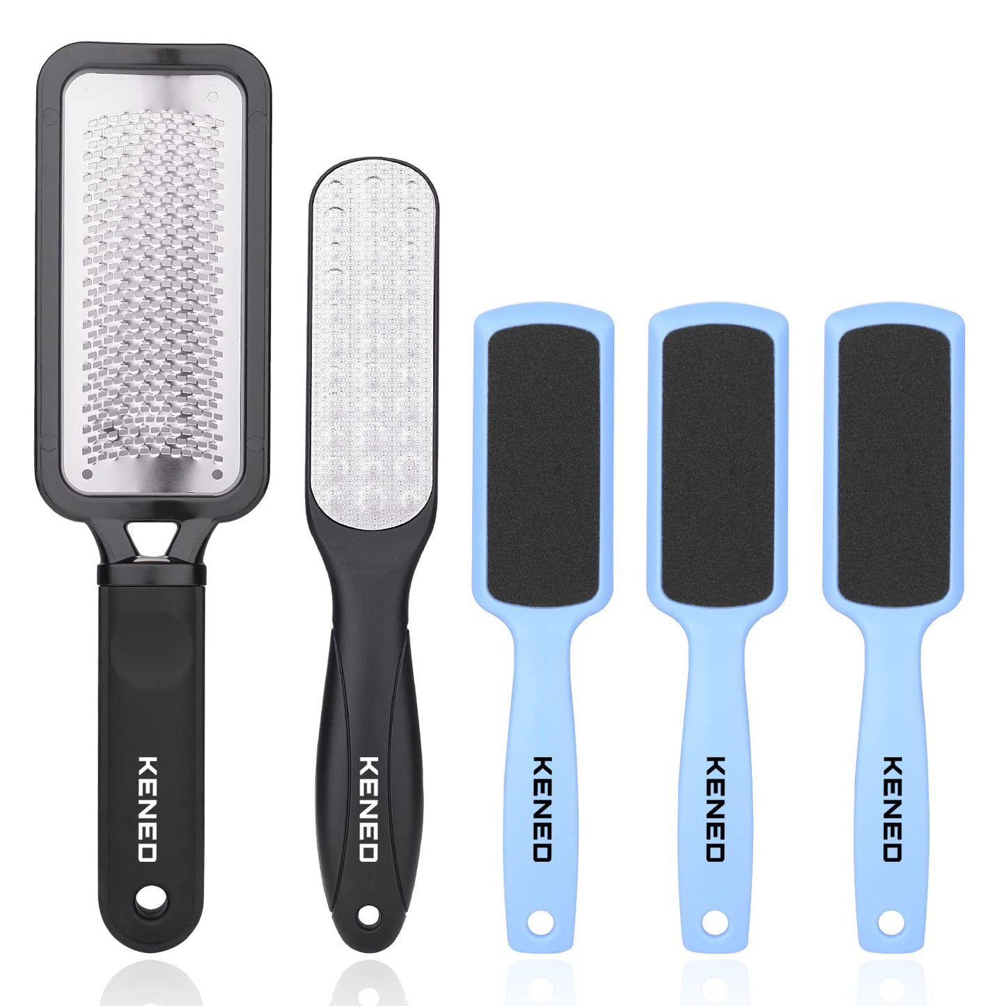 Feet Scrubber Dead Skin 5 Pack - KENED Foot File Callus Remover for Feet, Professional Pedicure Kit with 2 X Metal Foot Grater, 3 X White Double-Sided Pedicure Tools for Feet Care Health & Beauty > Personal Care > Foot Care KENED Black+blue