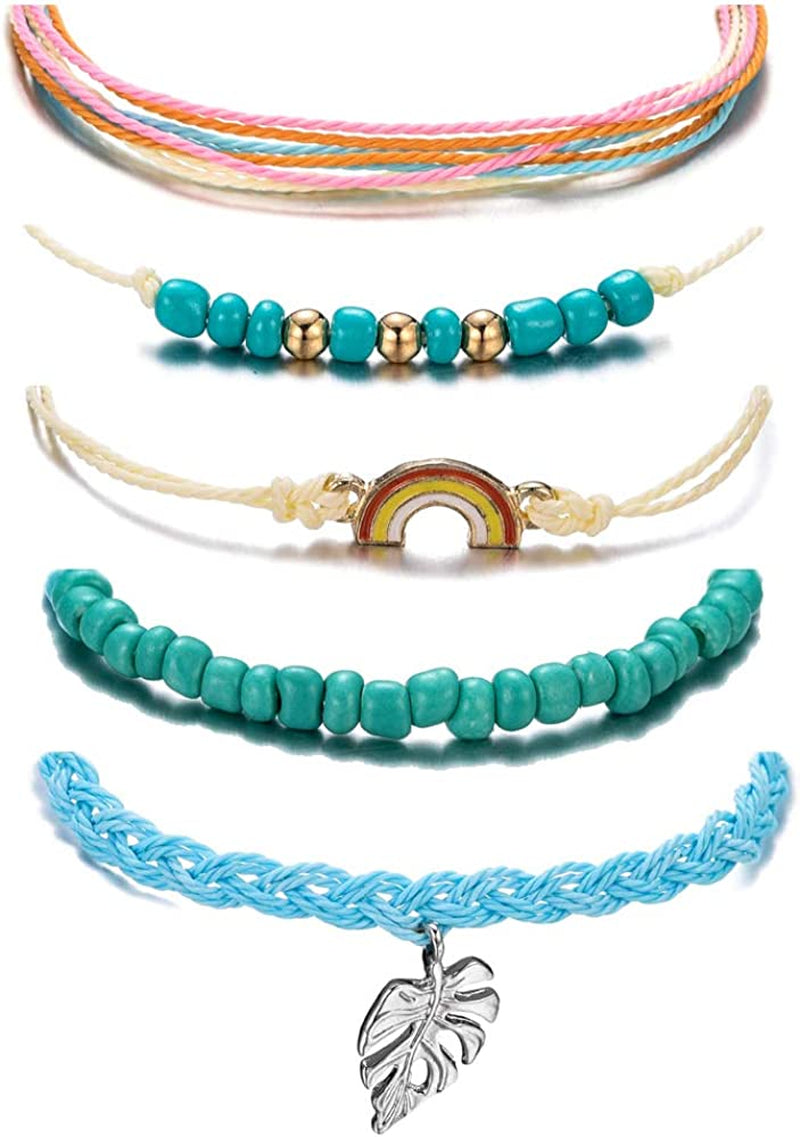 Softones VSCO String Wave Bracelets for Women Girls Handmade Colorful Waterproof Adjustable Braided Beach Bracelet Set for Women Apparel & Accessories > Jewelry > Bracelets Softones W:5Pcs Rainbow Leaves