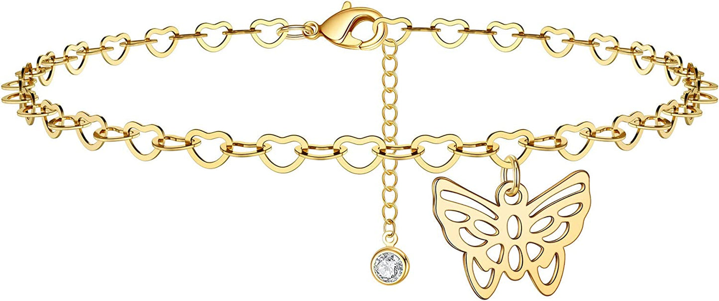 Turandoss Dainty Ankle Bracelets for Women, 14K Gold Filled Handmade Layered Anklet Cute Butterfly Evil Eye Elephant Star Summer Ankle Bracelets for Women Boho Beach Foot Chain Apparel & Accessories > Jewelry > Anklets Turandoss Butterfly Heart Chain