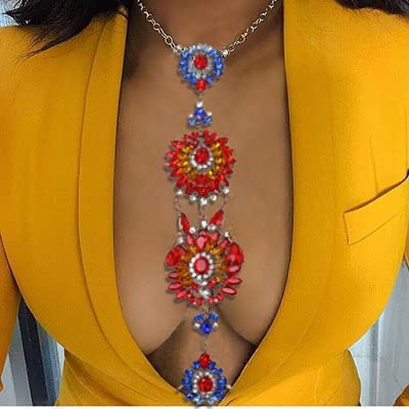 ELABEST Boho Rhinestone Statement Chest Chain Crystal Necklace Body Chain Summer Beach Body Jewelry Accessories for Women and Girls Apparel & Accessories > Jewelry > Body Jewelry ELABEST Red Blue