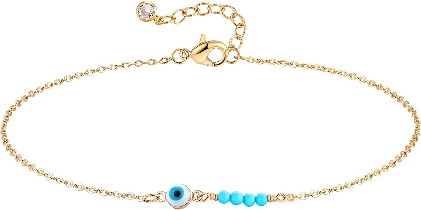 Mevecco Gold Evil Eye Charm Anklet,14K Gold Plated Boho Beach Dainty Cute Tiny Lucky Star Foot Chain Ankle Bracelet Silver Beaded Chain Anklet for Women Apparel & Accessories > Jewelry > Anklets MEVECCO Evil Eye
