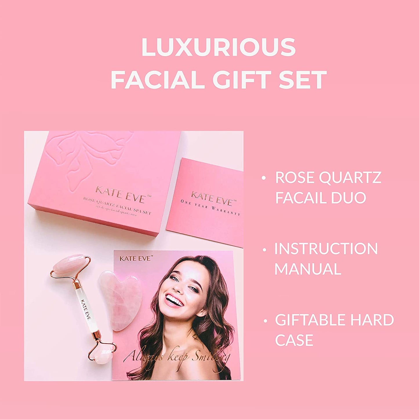 Kate Eve Jade Roller Gua Sha Facial Tools Set, Face Roller Beauty Skin Care Massager Kit for Women, 100% Natural Rose Quartz Skin Roller for Face Eye Neck Relaxing, Puffiness, Anti-Wrinkles, Lift Skin Health & Beauty > Personal Care > Cosmetics > Cosmetic Tools > Skin Care Tools Kate Eve