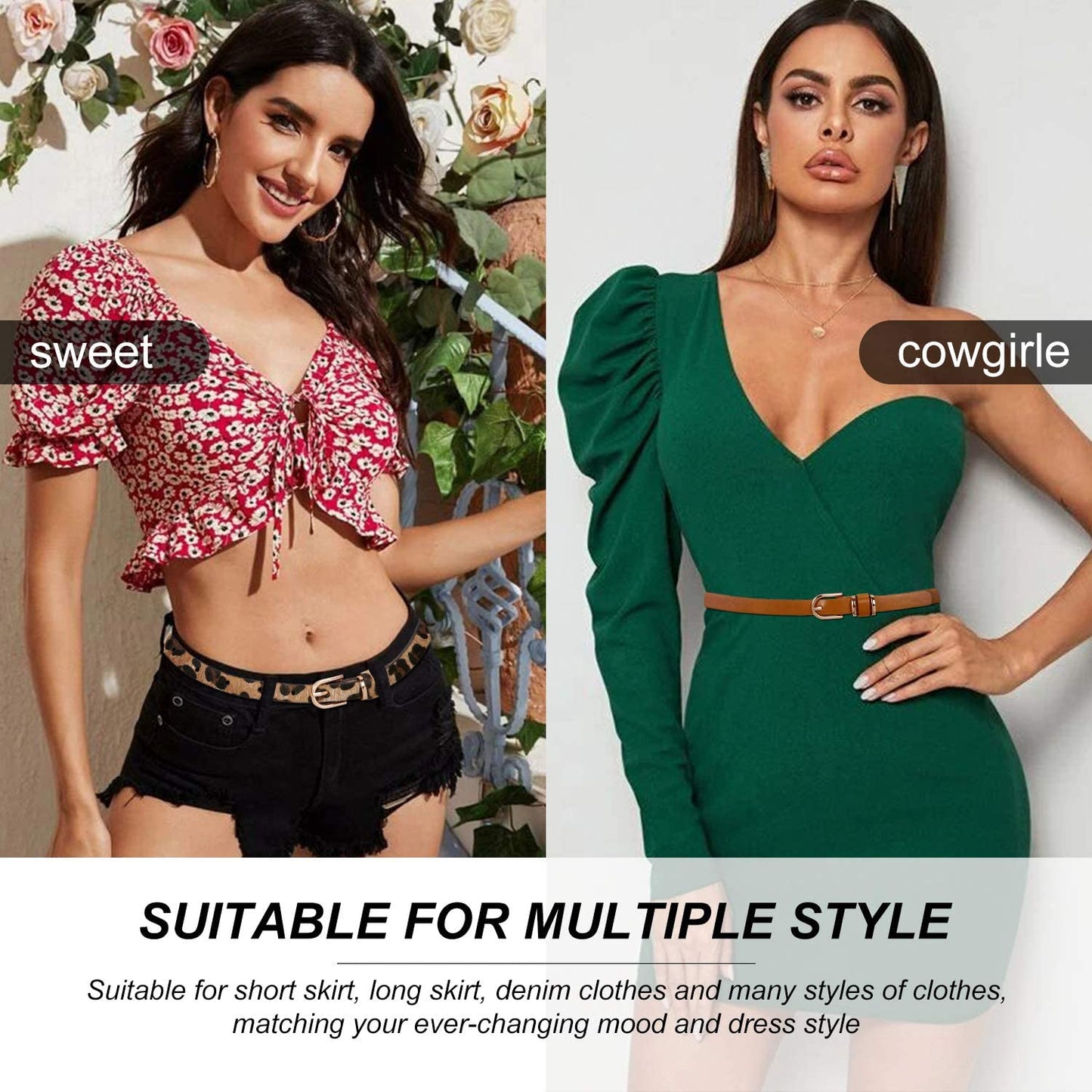 Set of 4 Womens Thin Belts SANSTHS Skinny Leather Belt with Gold Alloy Buckle Apparel & Accessories > Clothing Accessories > Belts SANSTHS