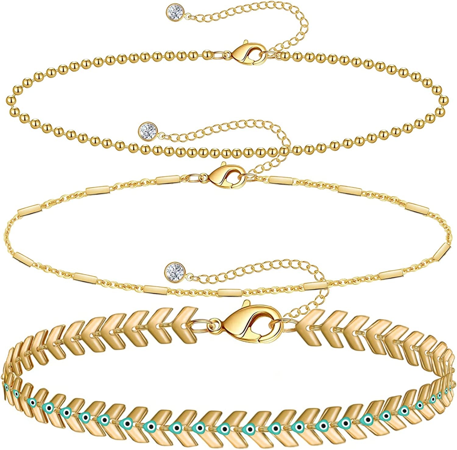 Gold Ankle Bracelets for Women 14K Gold Plated Anklet Silver Evil Eye Butterfly Star Rose Quartz Bead Box Paperclip Chain Dainty Layered Anklet Set 3Pcs Jewelry Gifts for Teen Girls Apparel & Accessories > Jewelry > Anklets Budding Gallery I-Yellow Gold-Evil Eye