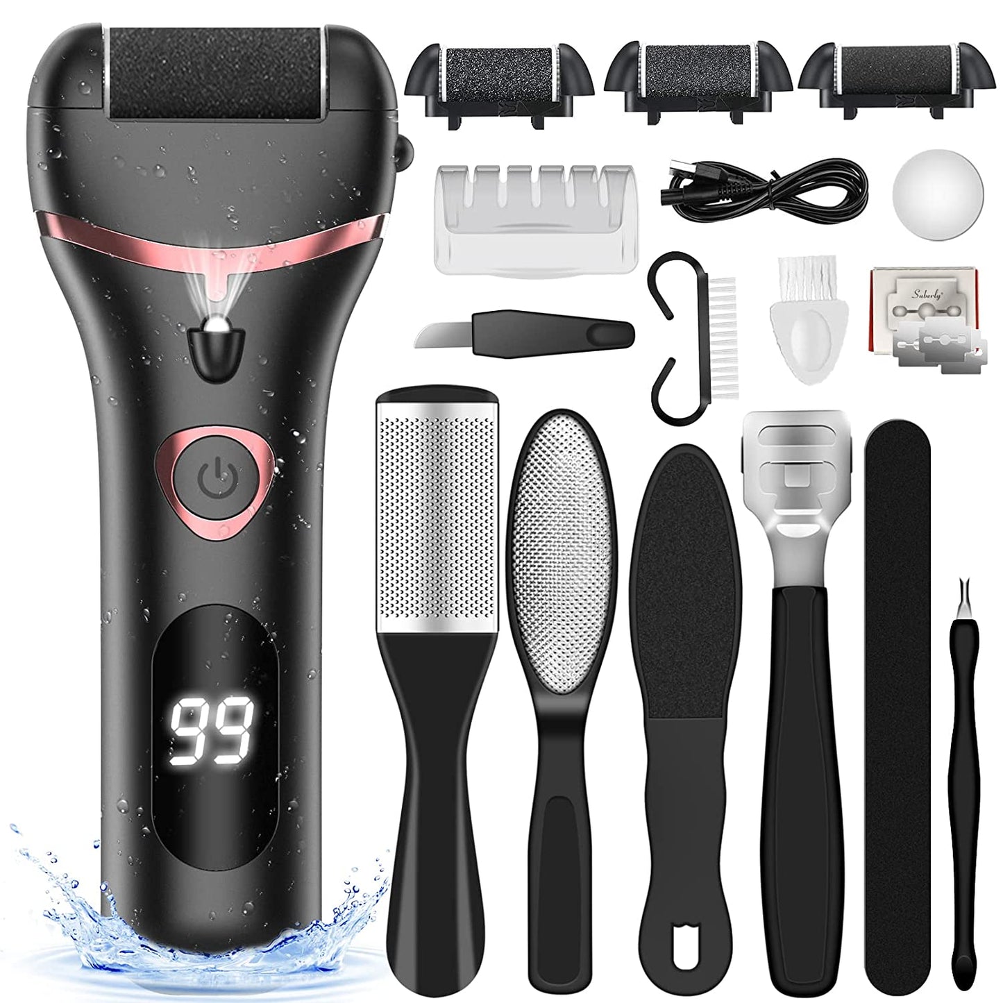 Rechargeable Callus Remover for Feet Electric,Pedicure Kit Tools Foot Care Set,Professional Foot Scrubber for Cracked Heels,Dead Skin,With 3 Roller Heads,2 Speeds,Power Display for Travel,Home Health & Beauty > Personal Care > Foot Care Gearmatte Black
