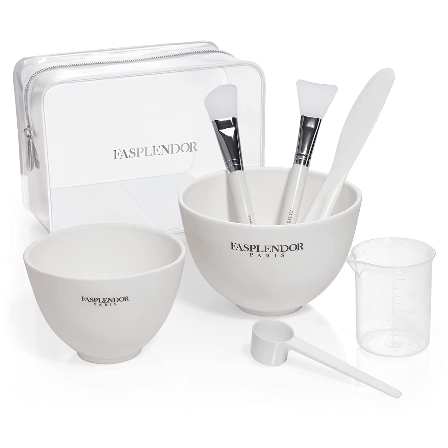 Face Mask Mixing Bowl Set with Silicone Face Mask Brush Applicator, Facial Mask Bowls, Mask Spatula, Measuring Scoop + Cup, Clear Toiletry Bag, 8 in 1 SPA Quality Face Mask Tool Kit for DIY Clay Mask Health & Beauty > Personal Care > Cosmetics > Cosmetic Tools > Skin Care Tools FASPLENDOR Clear