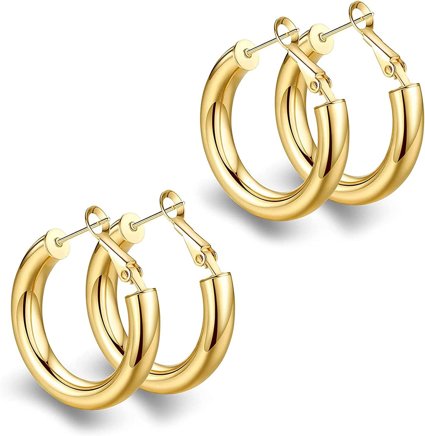 Thick Gold Hoop Earrings Lightweight Howllow Tube Hoops Chunky Gold for Women Hypoallergenic Big Earring 25Mm 30Mm 40Mm 50Mm Apparel & Accessories > Jewelry > Earrings BMMYE Gold-30mm+40mm