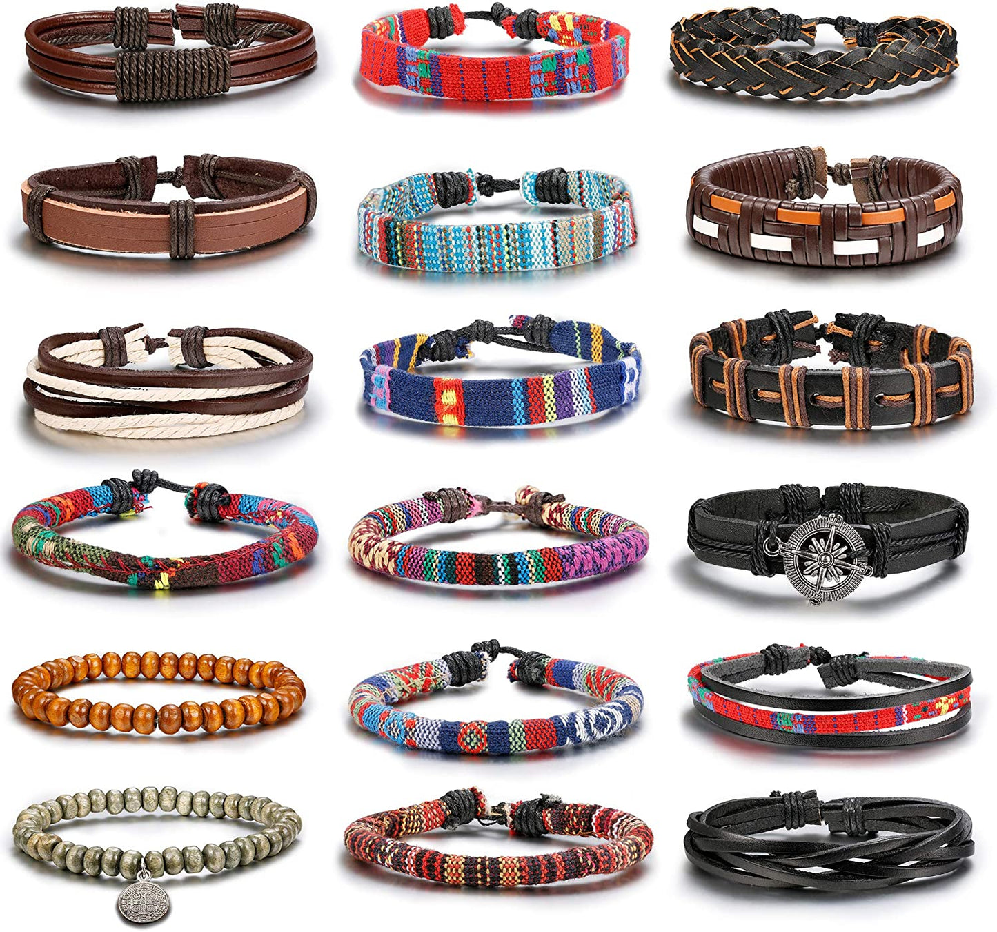 Hanpabum 18Pcs Braided Leather Bracelets for Men Women Woven Cuff Wrap Bracelet Wood Beads Ethnic Tribal Bracelets Adjustable Apparel & Accessories > Jewelry > Bracelets HANPABUM C