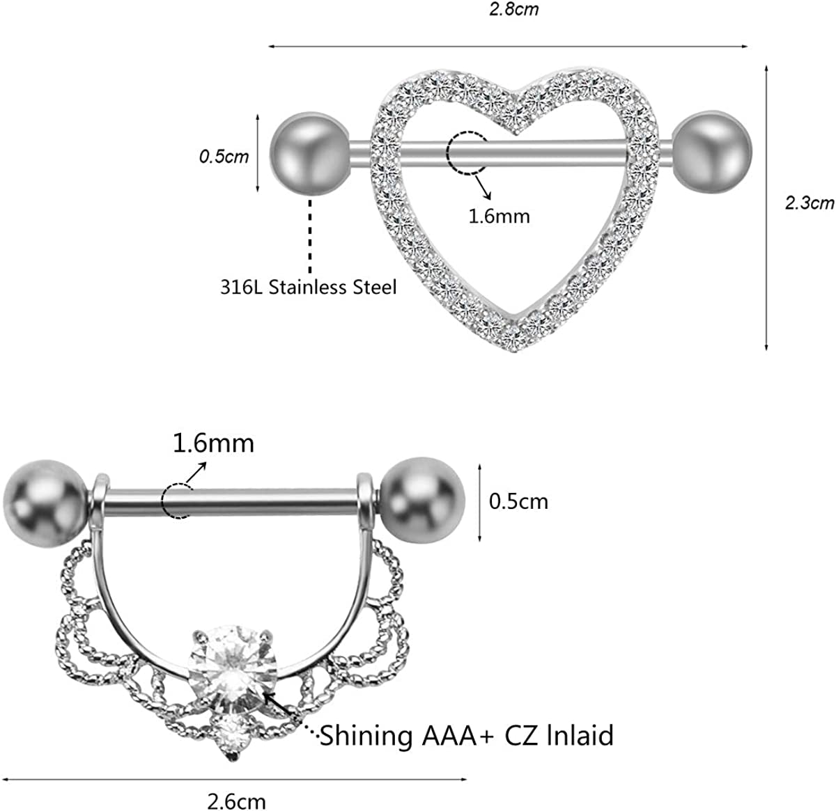 NASAMA Stainless Steel Acrylic Nipple Rings Tongue Ring CZ Barbell Heart-Shape Piercing Body Jewelry Apparel & Accessories > Jewelry > Body Jewelry NASAMA