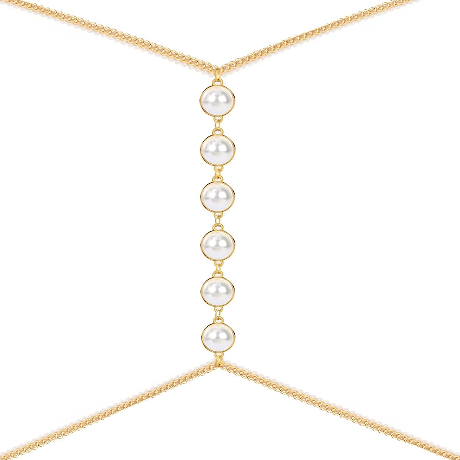 Body Chains for Women Sexy Skinny Crossover Full Body Jewelry for Bikini Swimsuit Wedding Dress Necklace and Belly Chain Set Apparel & Accessories > Jewelry > Body Jewelry Tosmifairy Gold-Faux Pearls