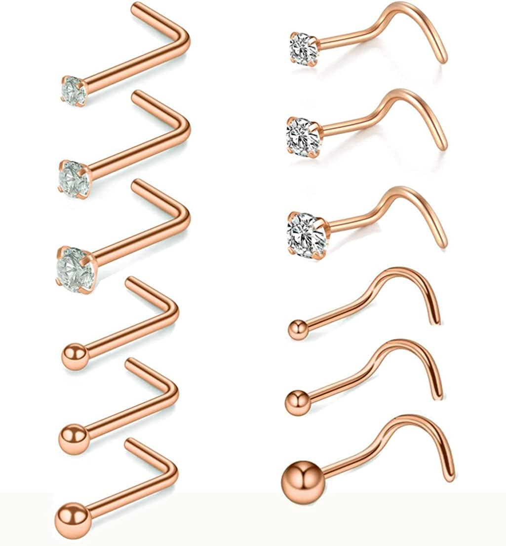 Nose Rings and Studs Set 20G Men Women,L Shape Nose Ring Studs and Screw Nostril Body Piercing Jewelry Set Hypoallergenic Surgical Steel(12Pcs,Size 1.5,2,3Mm) Apparel & Accessories > Jewelry > Body Jewelry Renkovte Rose Gold_12PCS 20G-7mm L shape&Screw Shape 1.5mm 2.0mm 3.0mm Ball&CZ Top