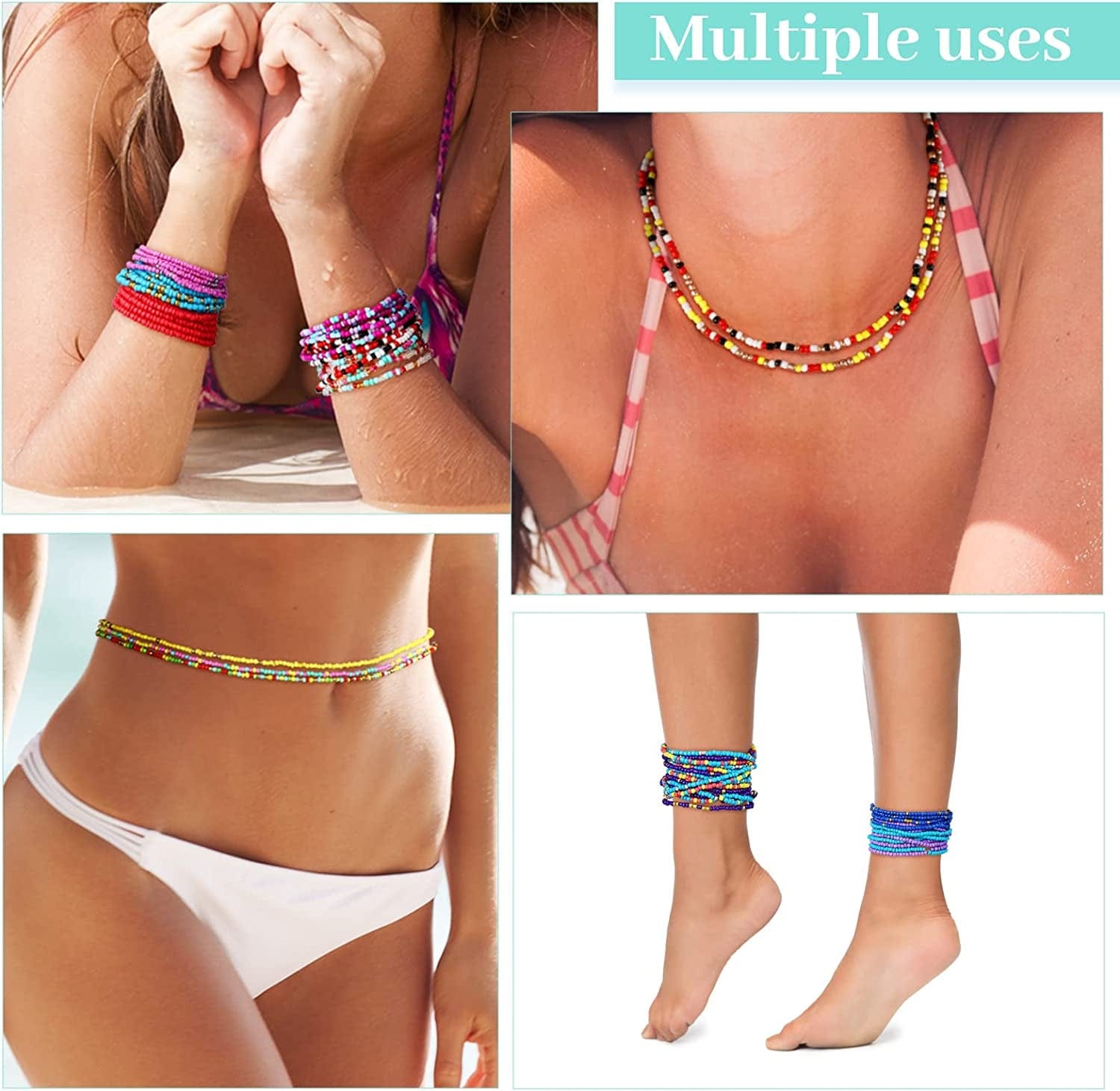 64 Pcs African Waist Beads Chain Colorful Belly Body Chain Layered Belly Chain Summer Waist Beads for Weight Loss Adjustable Bikini Jewelry Chains Stomach Bracelet for Women Girls Beach Party Apparel & Accessories > Jewelry > Body Jewelry Zhehao