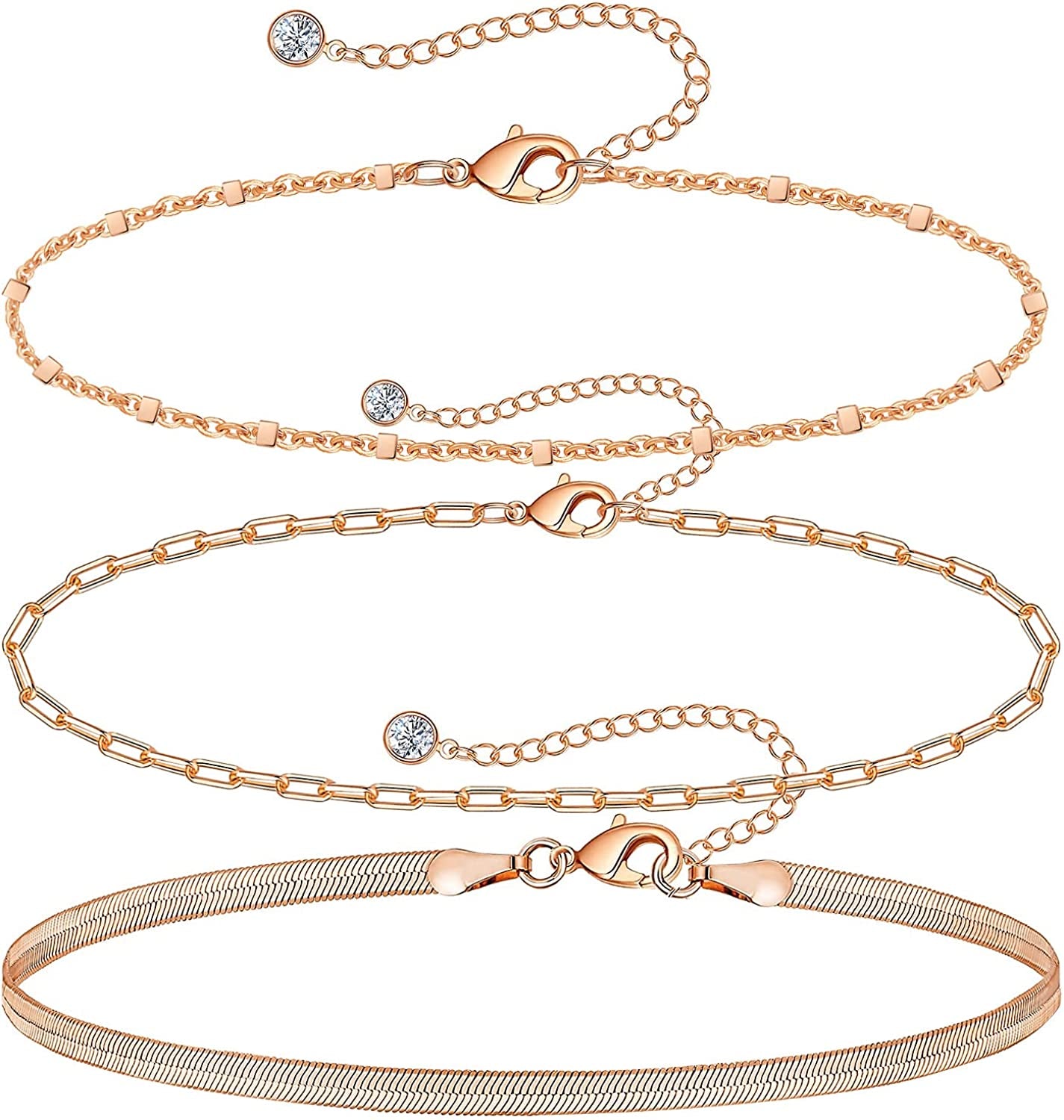 Gold Ankle Bracelets for Women 14K Gold Plated Anklet Silver Tennis Rose Quartz Cross Bead Herringbone Snake Paperclip Chain Cubic Zirconia Dainty Layered Anklet Set 3Pcs Apparel & Accessories > Jewelry > Anklets WeSparking F-Rose Gold-Paperclip Chain