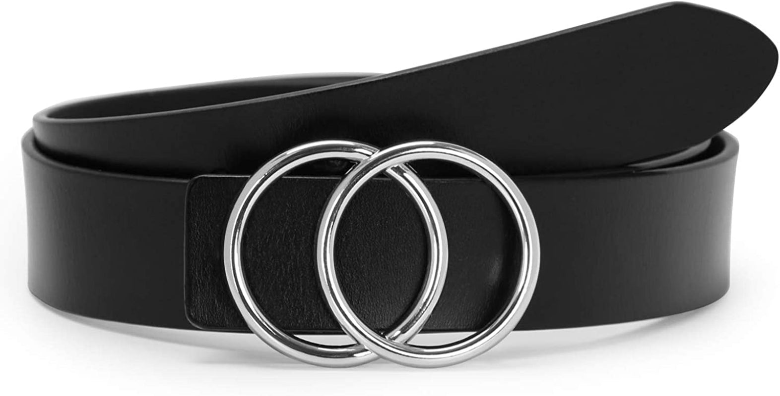 Women Leather Belt Fashion Double O-Ring Soft Faux Leather Waist Belts for Jeans Dress Apparel & Accessories > Clothing Accessories > Belts SUOSDEY G-black/Silver Removable Buckle S: 22''-26'' Waist Size
