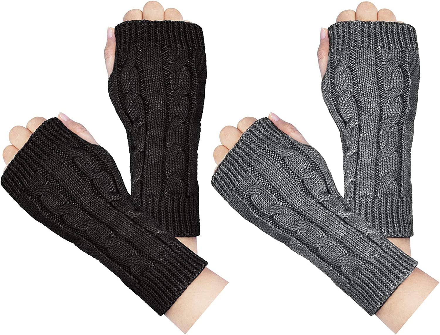 Loritta 2 Pairs Womens Fingerless Gloves Winter Warm Knit Crochet Thumbhole Arm Warmers Apparel & Accessories > Clothing Accessories > Gloves & Mittens Loritta C Black+dark Gray