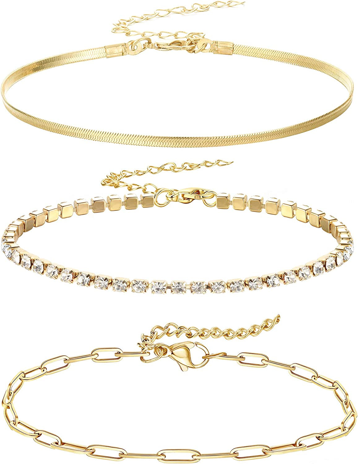 Jstyle 3Pcs Gold Anklet for Women Figaro/Herringbone/Cuban/Paperclip Link Chain Ankle Bracelet Adjustable Beach Foot Jewelry Apparel & Accessories > Jewelry > Anklets Jstyle C