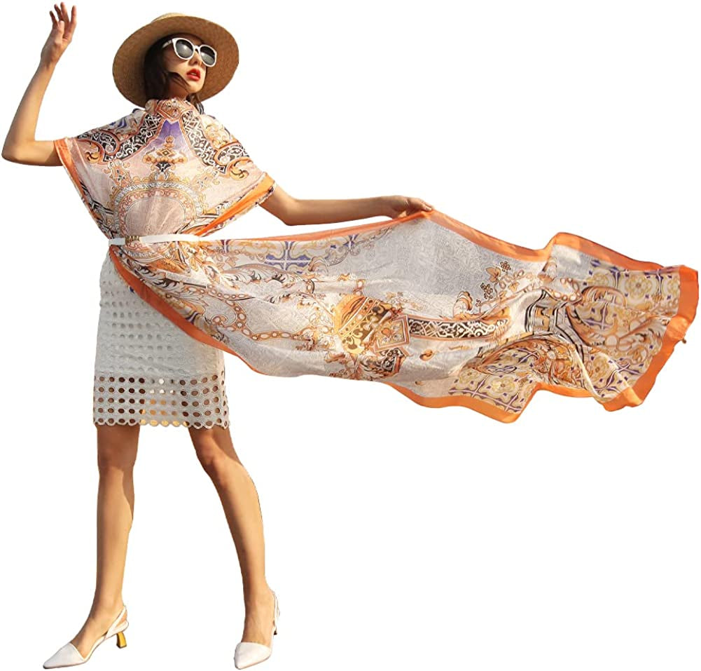 DANA XU Women'S Mulberry Satin Silk Fashion Summer Shawls Large Size Floral Scarf Oversize Soft Wraps for Evening Dresses Apparel & Accessories > Clothing Accessories > Scarves & Shawls DANA XU 27 Orange
