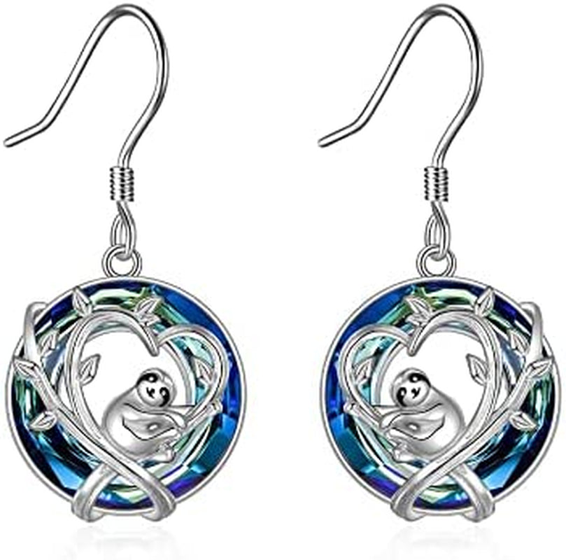 POPKIMI Christmas Gifts Dangle Earrings Frog/Wolf/Dragonfly/Dog Cat Pet Paw Print/Hummingbird /Sea Turtle/Sloth Dangle Drop Hook Earrings Opal Crystal Sterling Silver Cute Animal Dangle Earrings Animal Jewelry Birthday Christmas Gift Apparel & Accessories > Jewelry > Earrings POPKIMI Sloth Earrings with Blue Circle Crystal