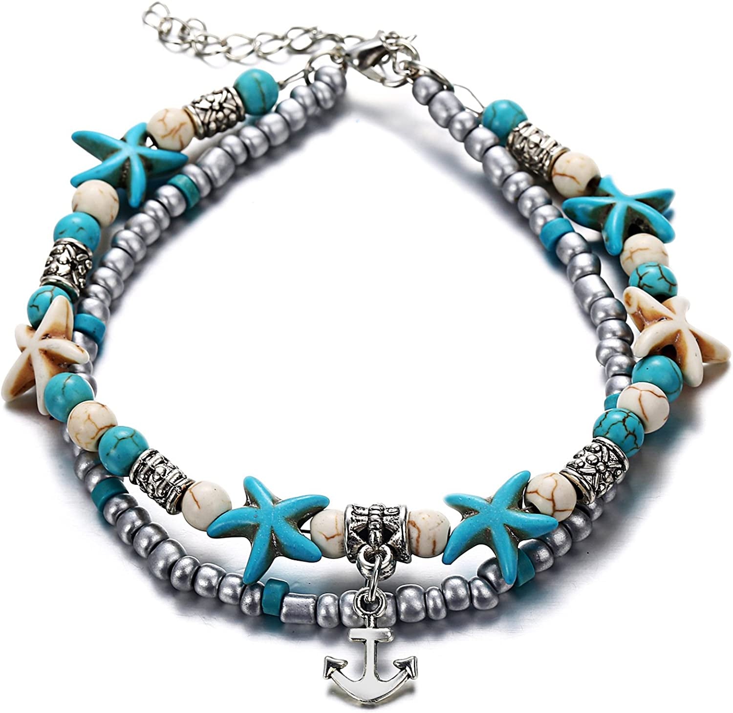 Softones Blue Starfish Turtle Anklet Multilayer Charm Beads Sea Handmade Boho Anklet Foot Jewelry for Women Girl Apparel & Accessories > Jewelry > Anklets Softones O:Boat Anchor