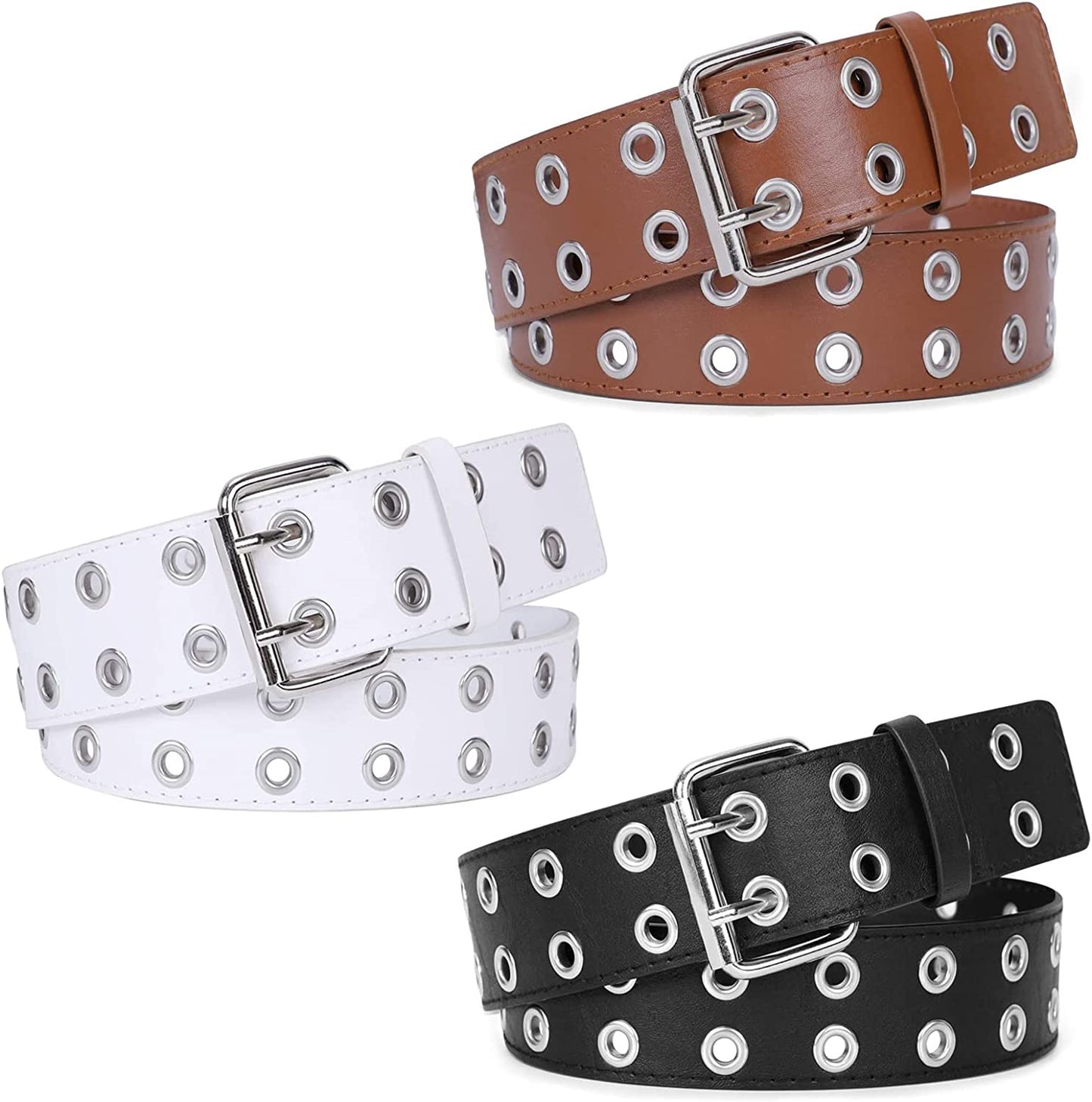 WERFORU 2 Pack Double Grommet Belt PU Leather Punk Belt for Women Jeans Apparel & Accessories > Clothing Accessories > Belts WERFORU G-black+brown+white suit for pant below 47"