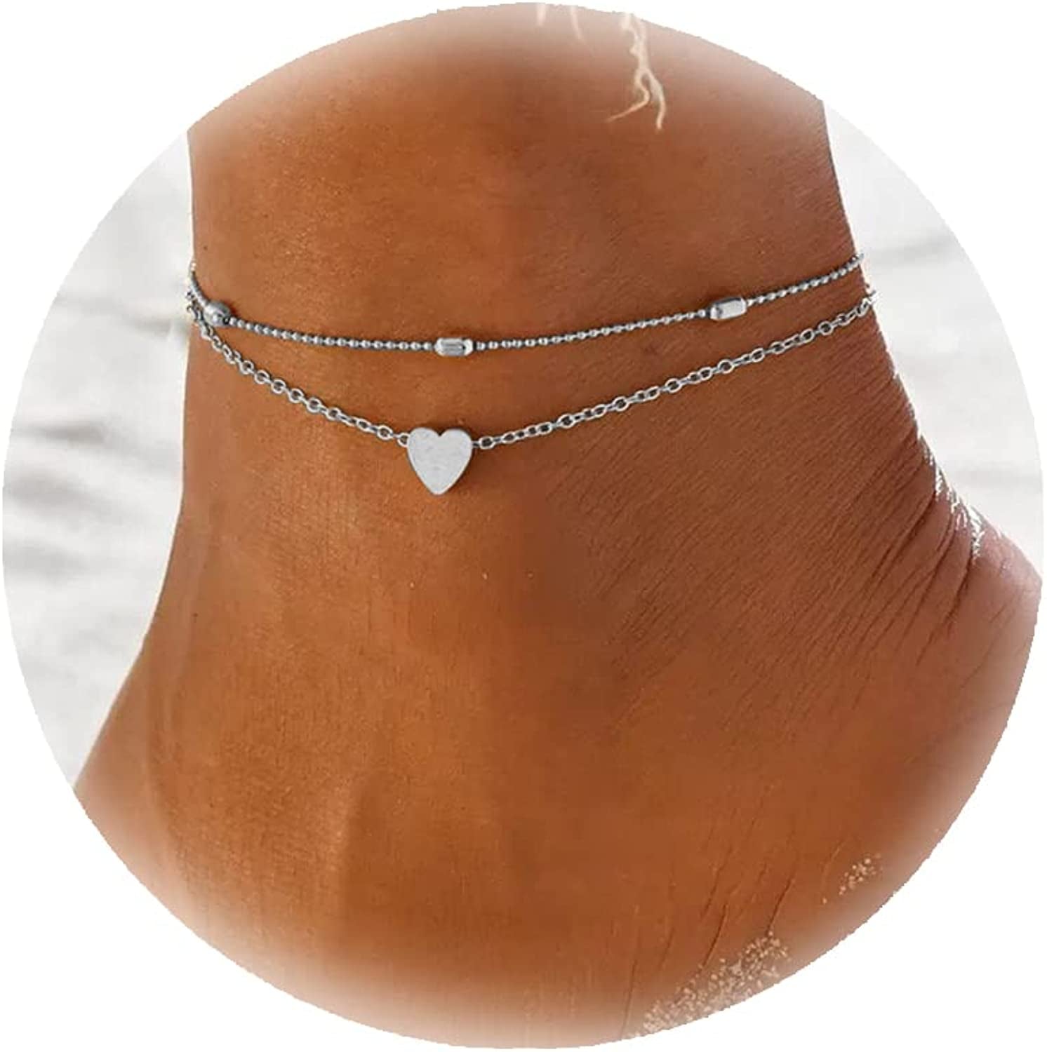 Five Layered Anklet Bracelets for Women Silver Gold Beaded Chain Anklet for Teen Girls Boho Multi-Layered Anklet Bracelets Beach Foot Chain Jewelry Jewelry Gifts Apparel & Accessories > Jewelry > Anklets Dcfywl731 Silver Heart Layered Anklet